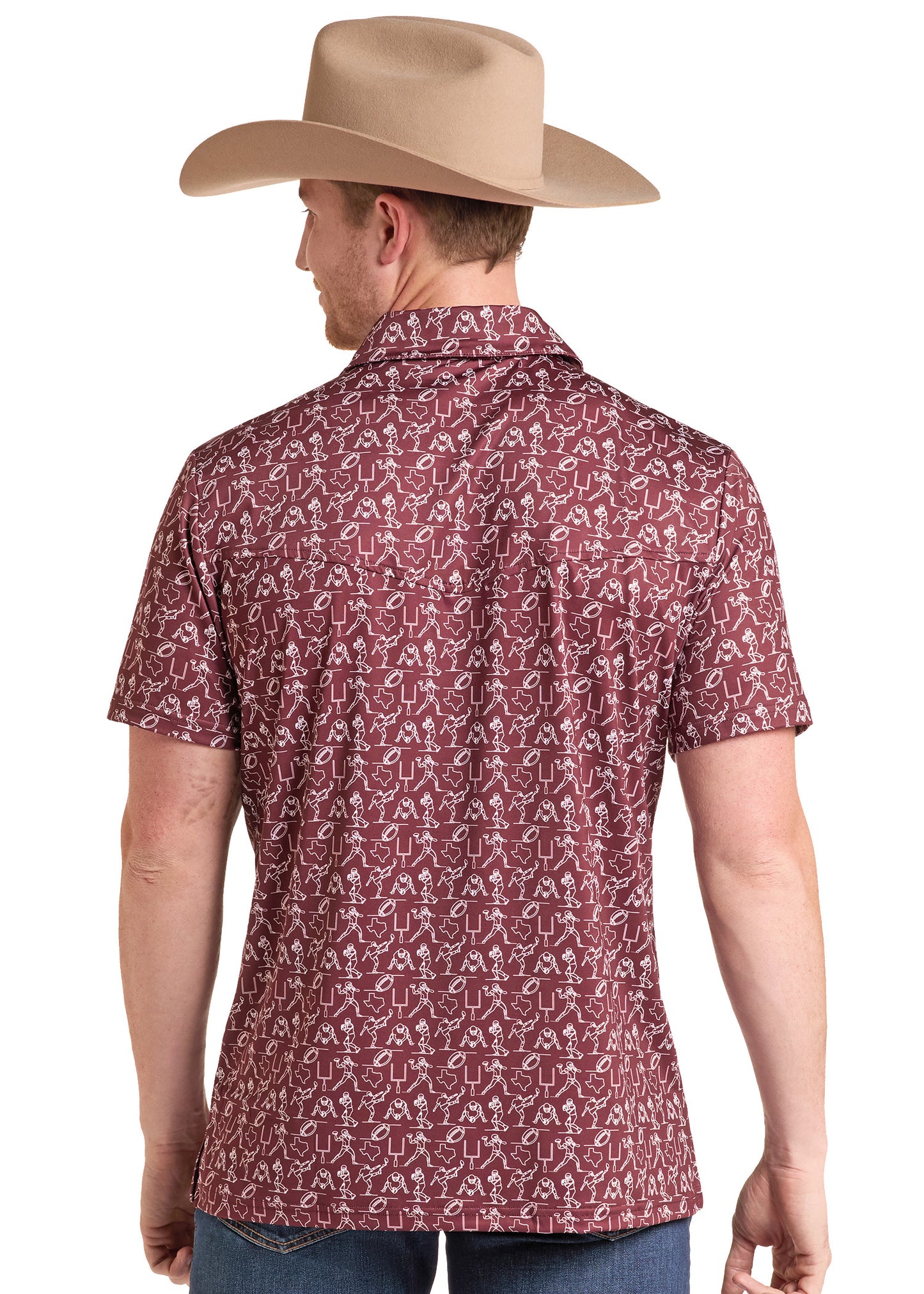 A man wearing a tan cowboy hat and a short-sleeve button-up shirt with a red and white paisley pattern, shown from the back against a white background.