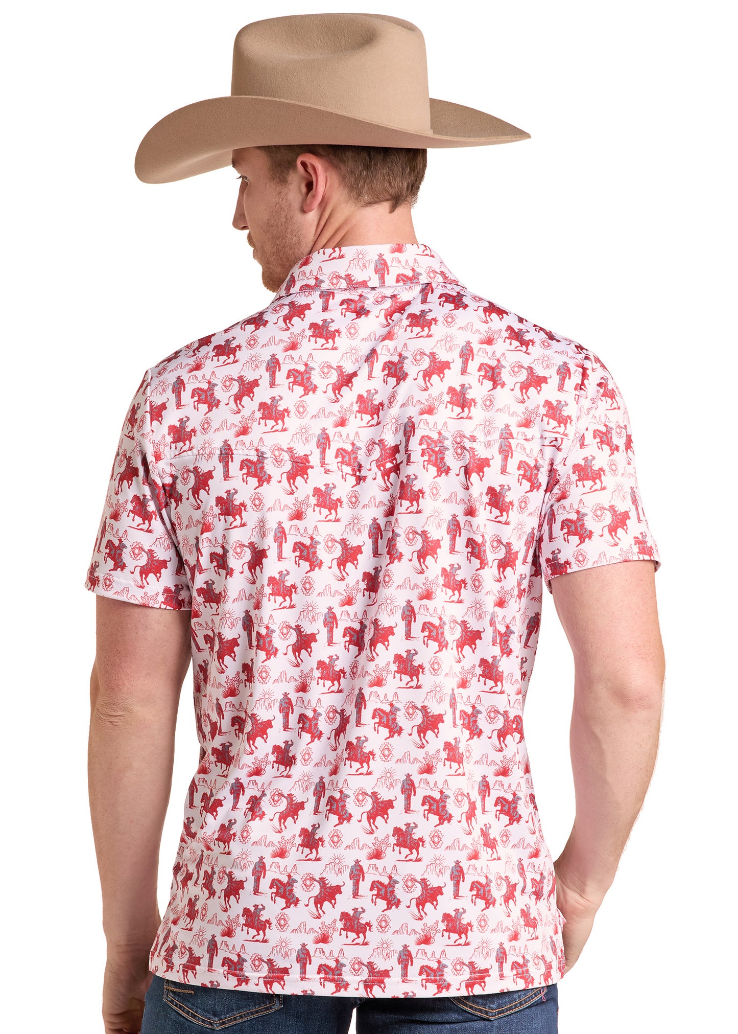 A man wearing a tan cowboy hat and a short-sleeve button-up shirt with a red cowboy motif on a white background, shown from the back against a white studio background.