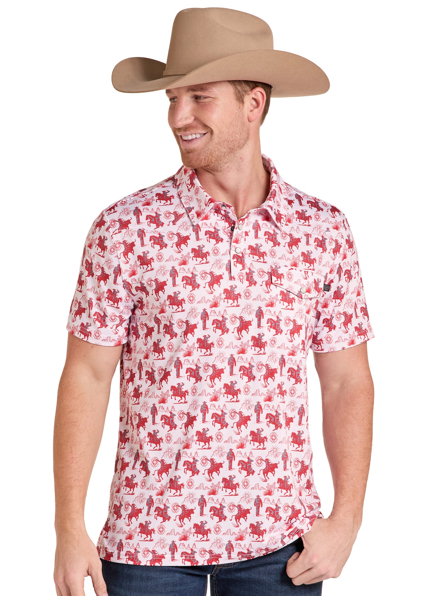 A man wearing a tan cowboy hat and a short-sleeve polo shirt with a red and white cowboy motif, posed against a plain white background.