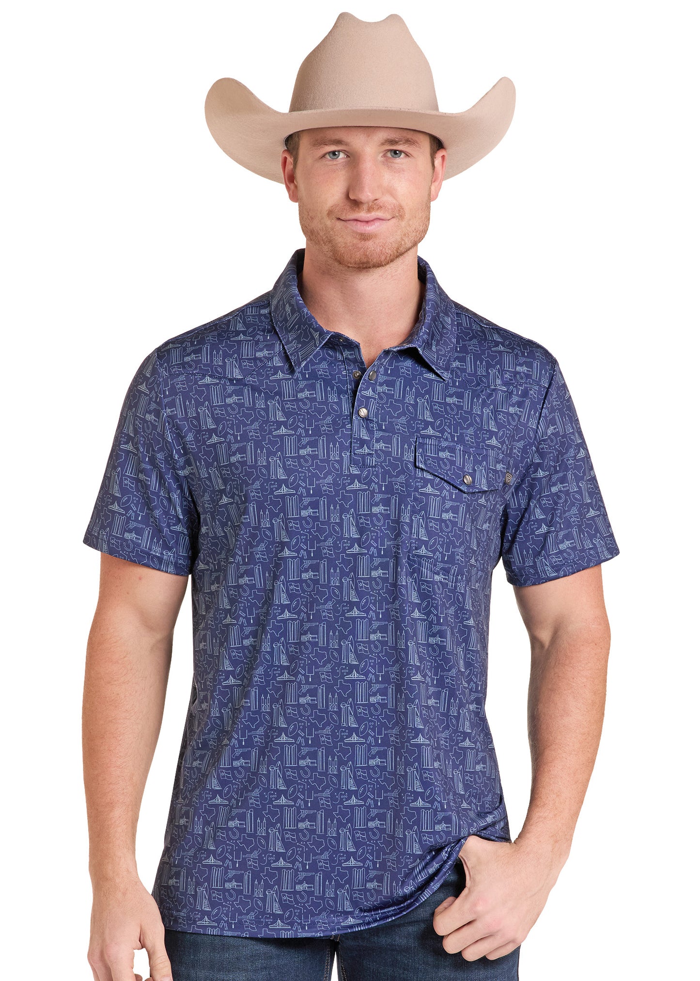A man wearing a blue short-sleeve button-up shirt with a subtle tonal western-style pattern, paired with a beige cowboy hat and dark jeans, against a plain white background.