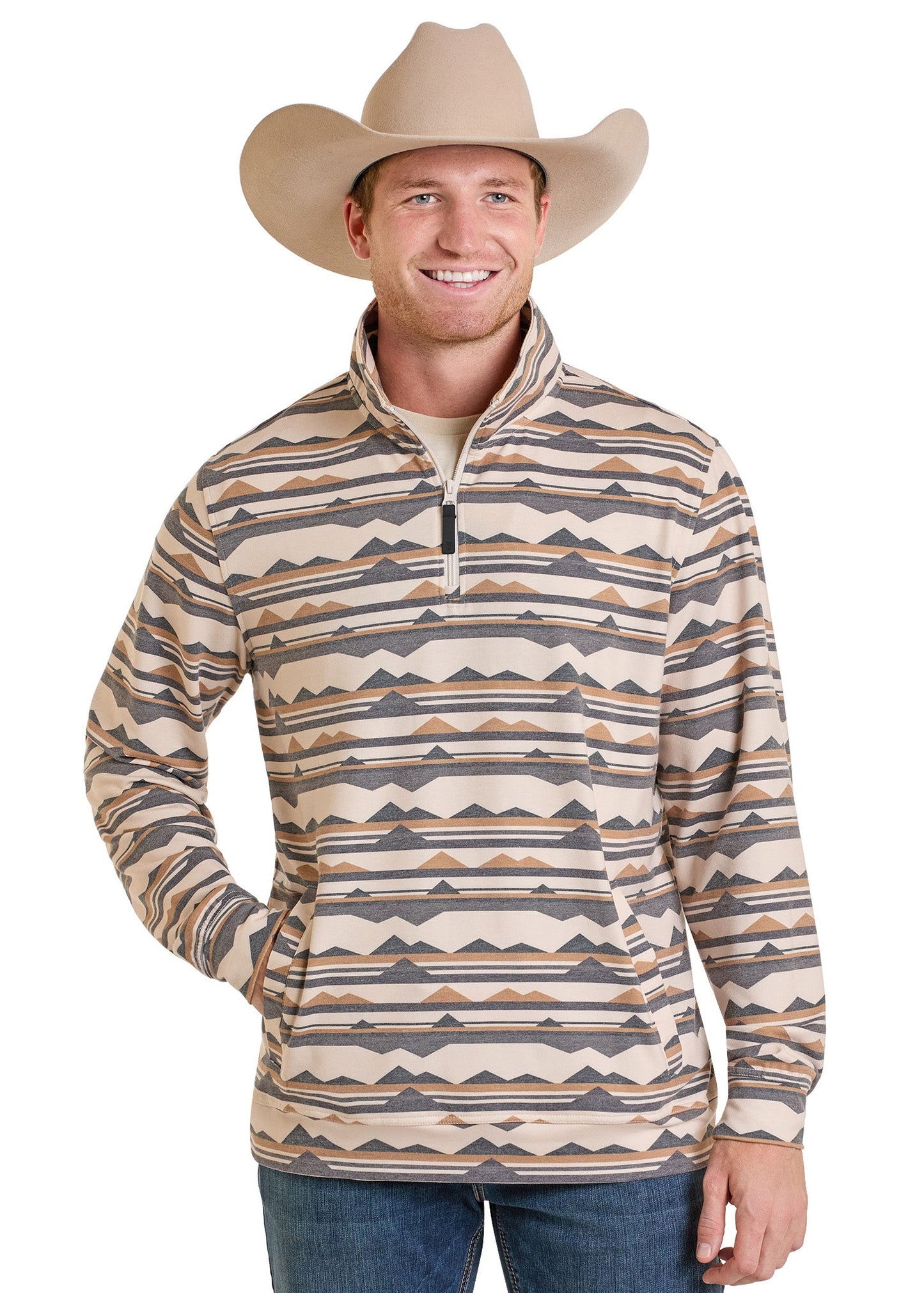 Man wearing a patterned pullover and cowboy hat on a white background