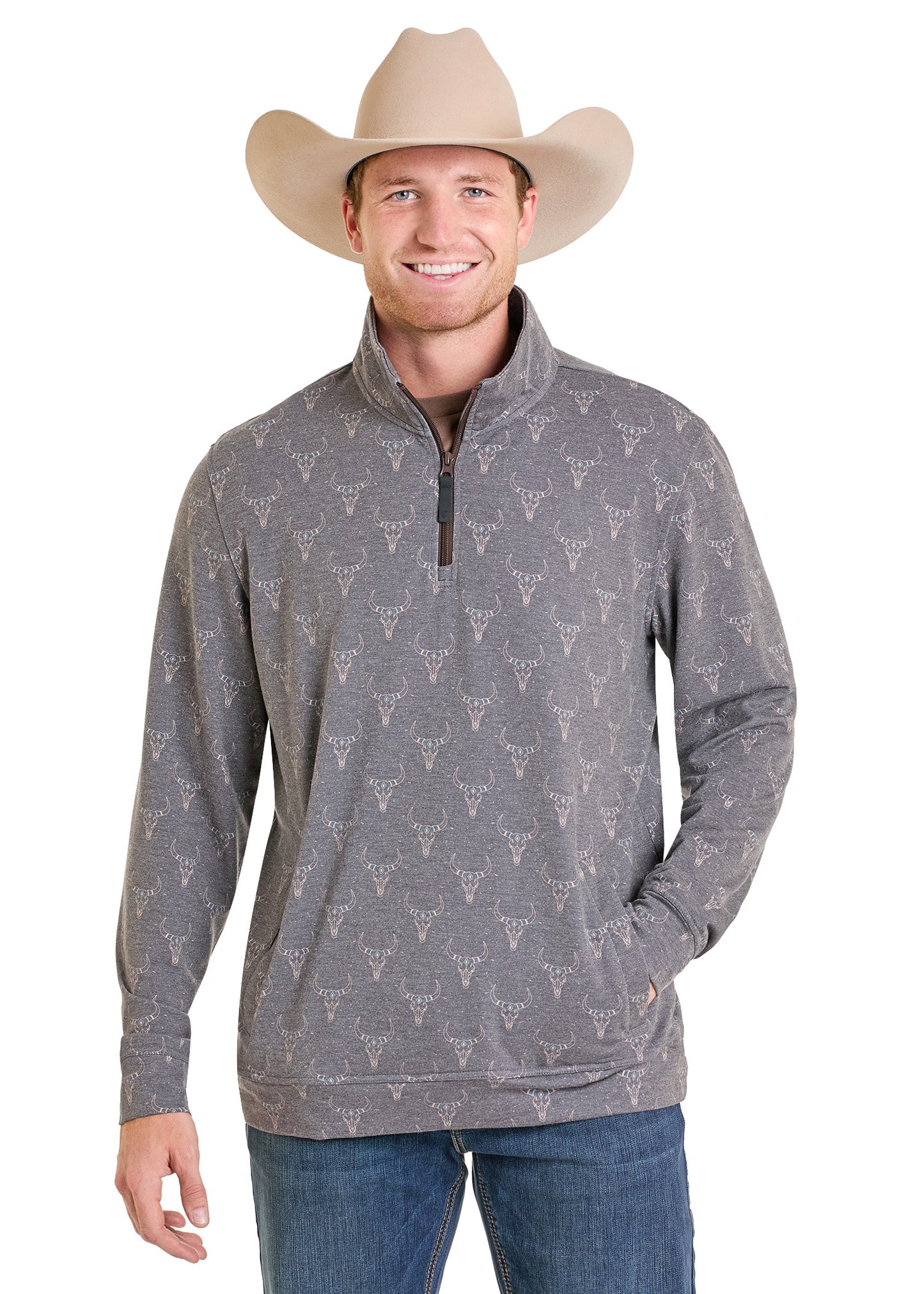Man wearing a gray patterned pullover with a cowboy hat on a white background