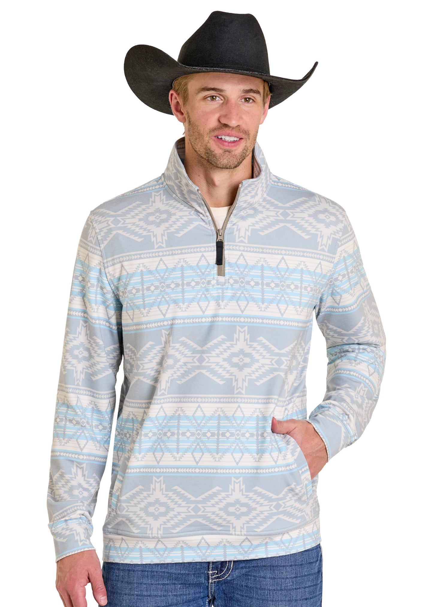 Man wearing a patterned long-sleeve shirt and cowboy hat on a white background