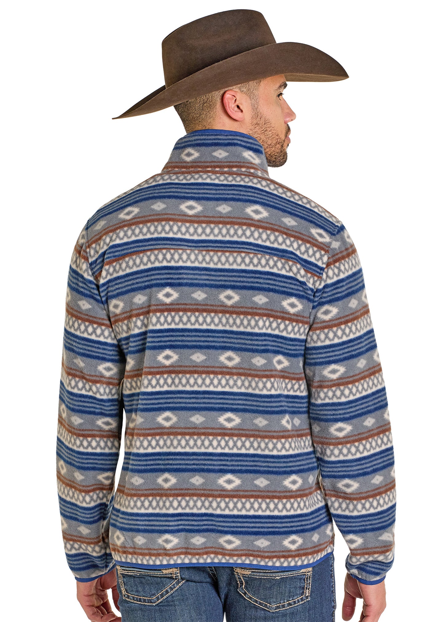 Man wearing a patterned shirt and cowboy hat on a white background