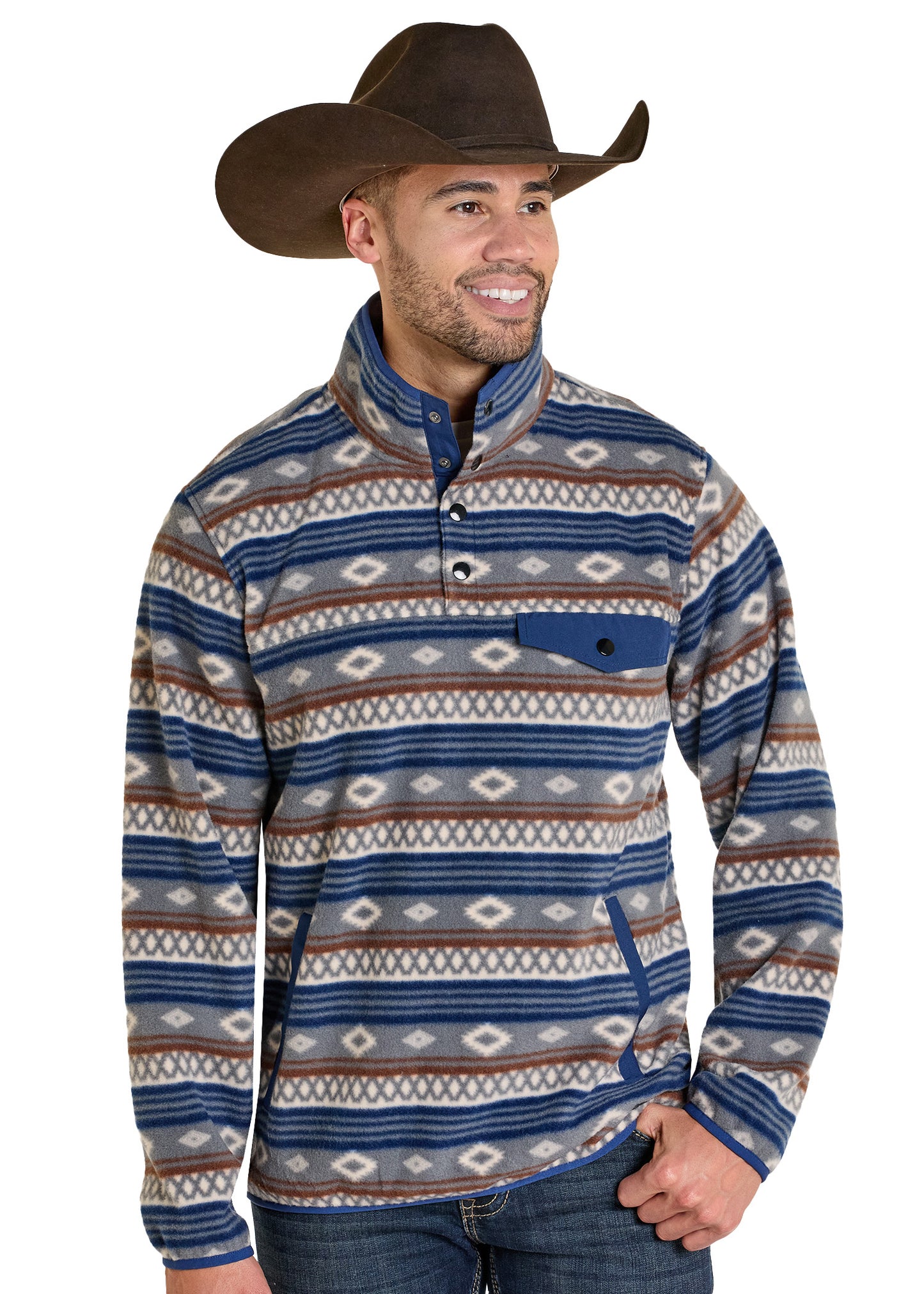Man wearing a patterned pullover with a cowboy hat on a white background