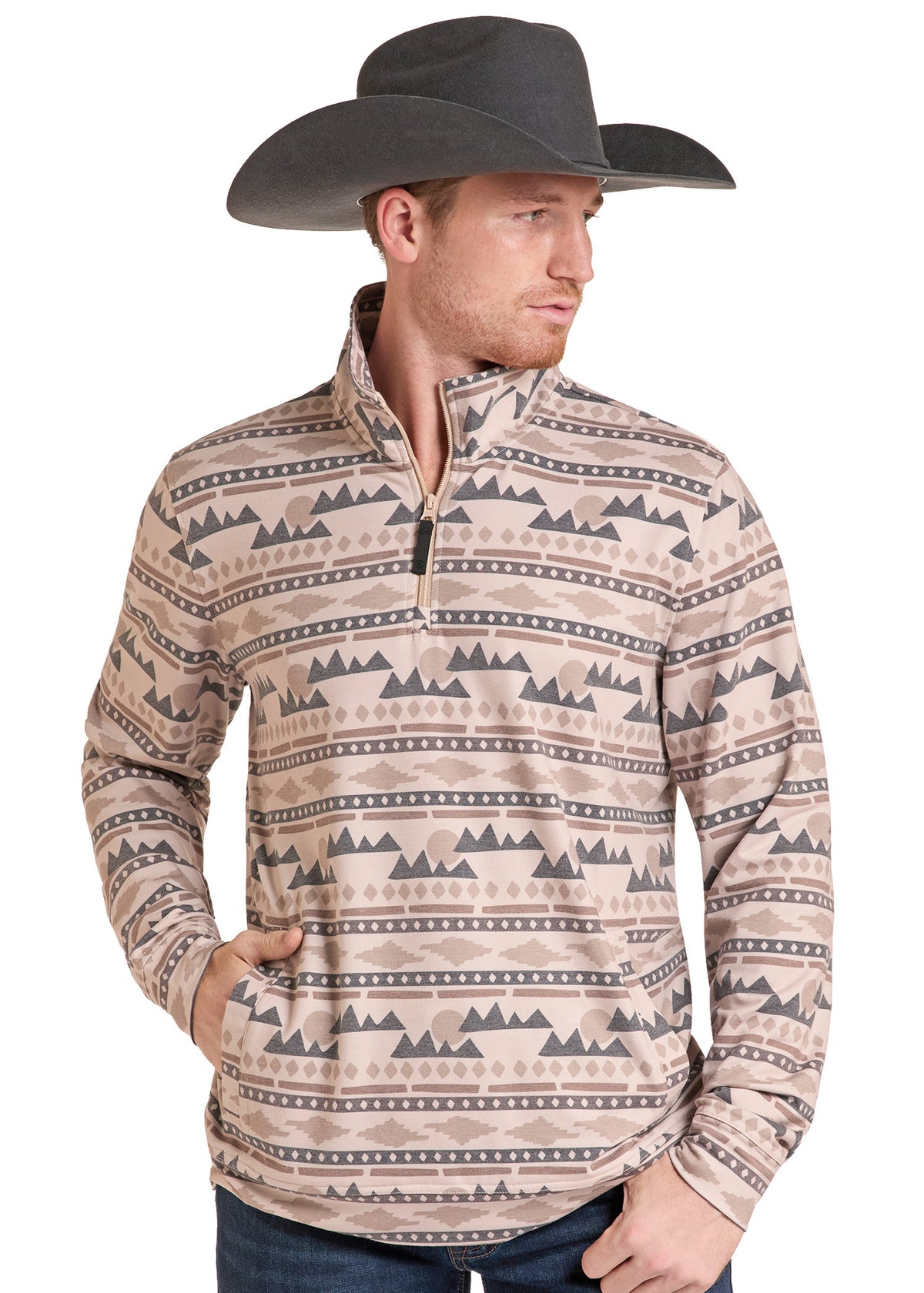 A man wearing a beige and brown patterned quarter-zip pullover sweater with a black cowboy hat, shown against a plain white background.