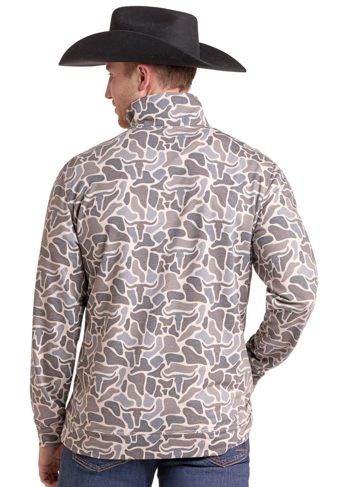 A man wearing a black cowboy hat and a beige, gray, and blue abstract patterned jacket, shown from the back against a white background.