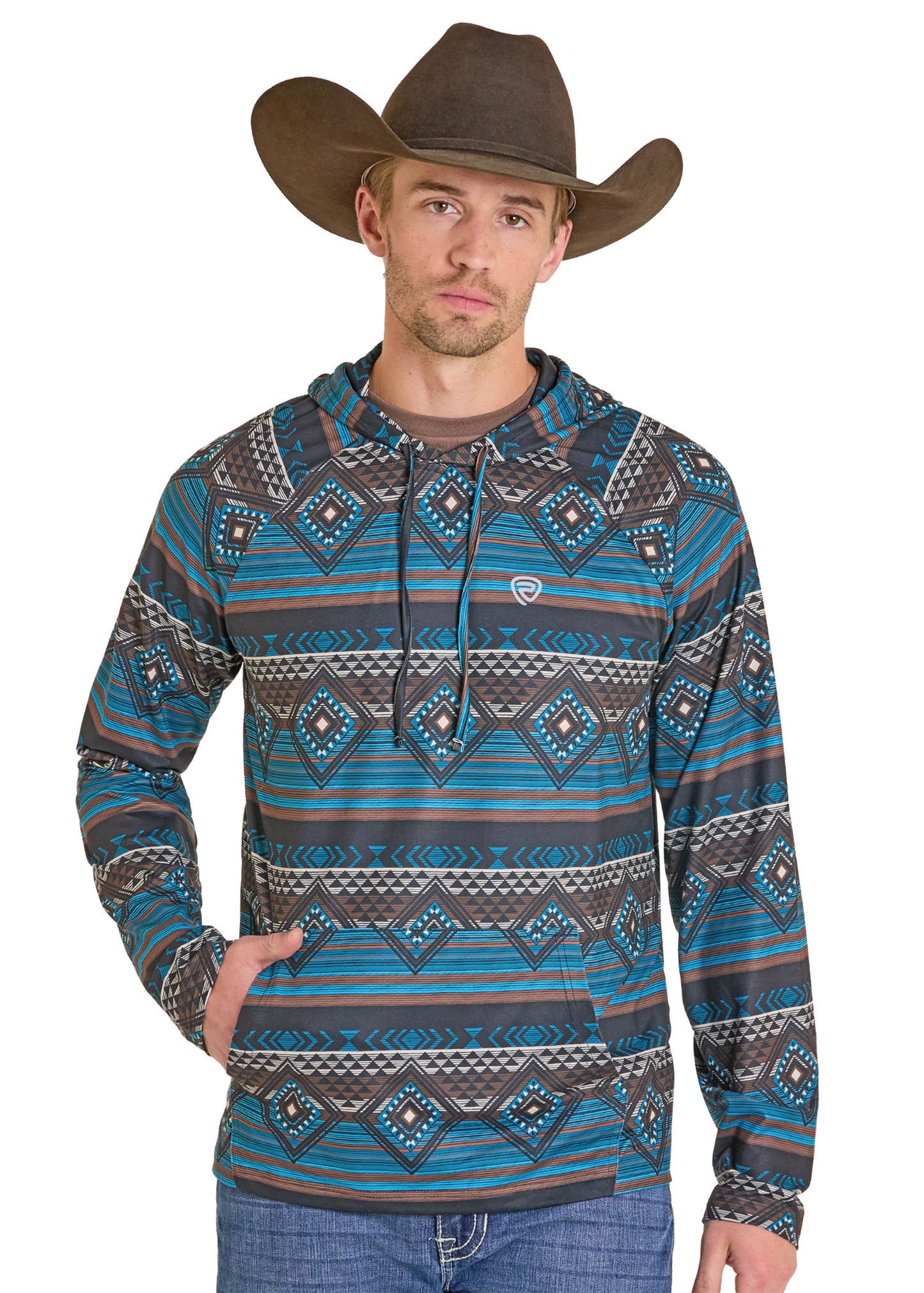 Man wearing a patterned hoodie and cowboy hat on a white background