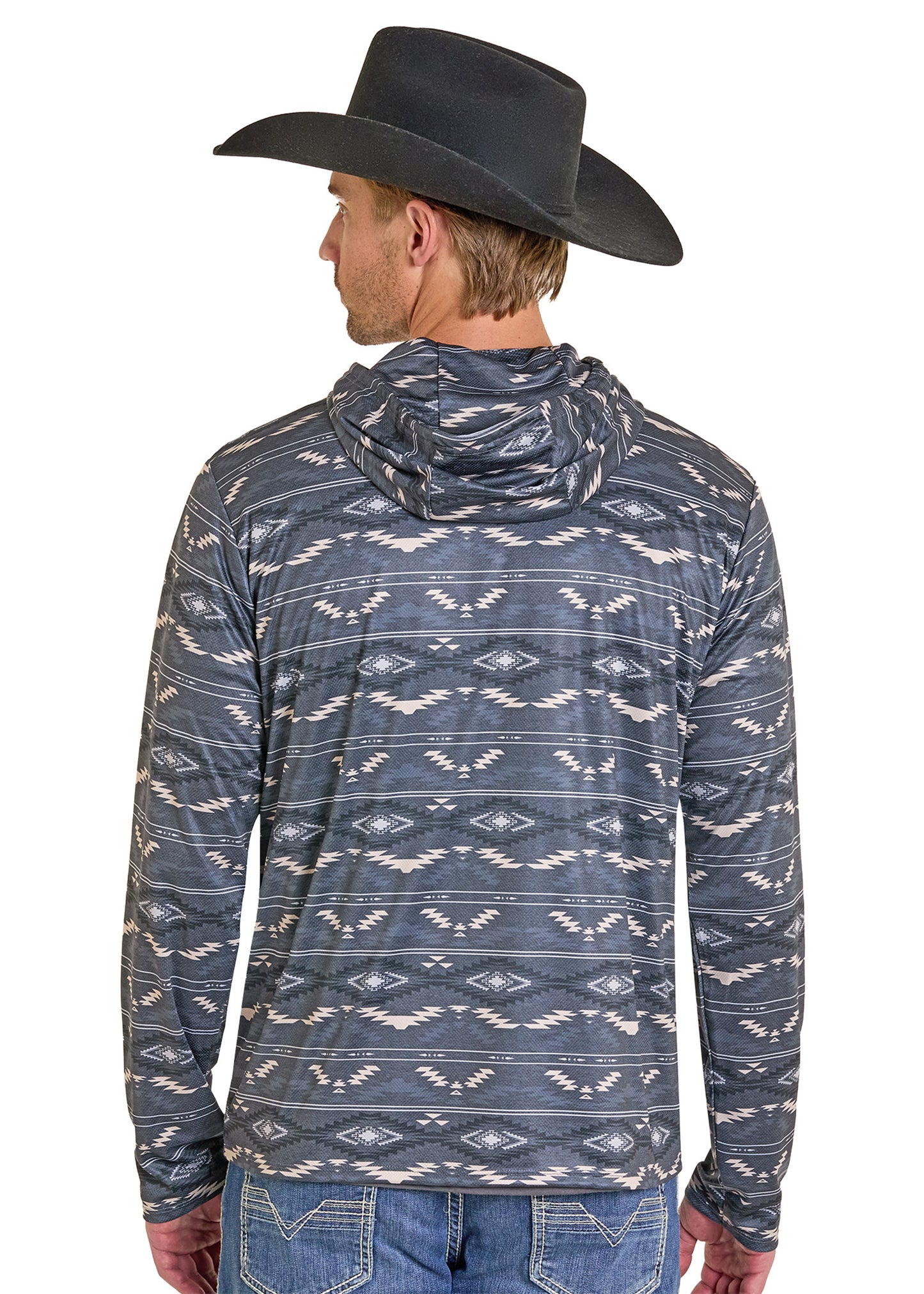 Man wearing a patterned hoodie and cowboy hat on a white background