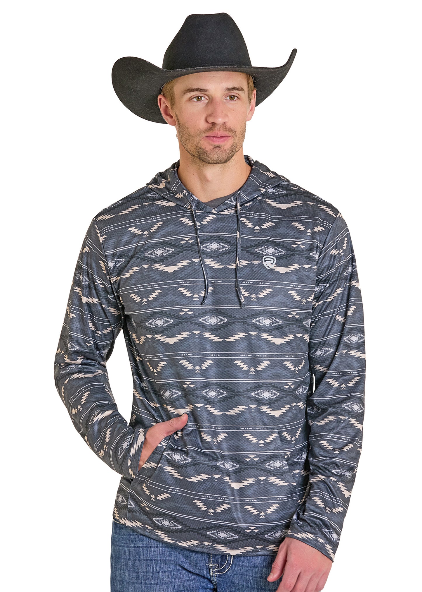 Man wearing a patterned hoodie and cowboy hat on a white background