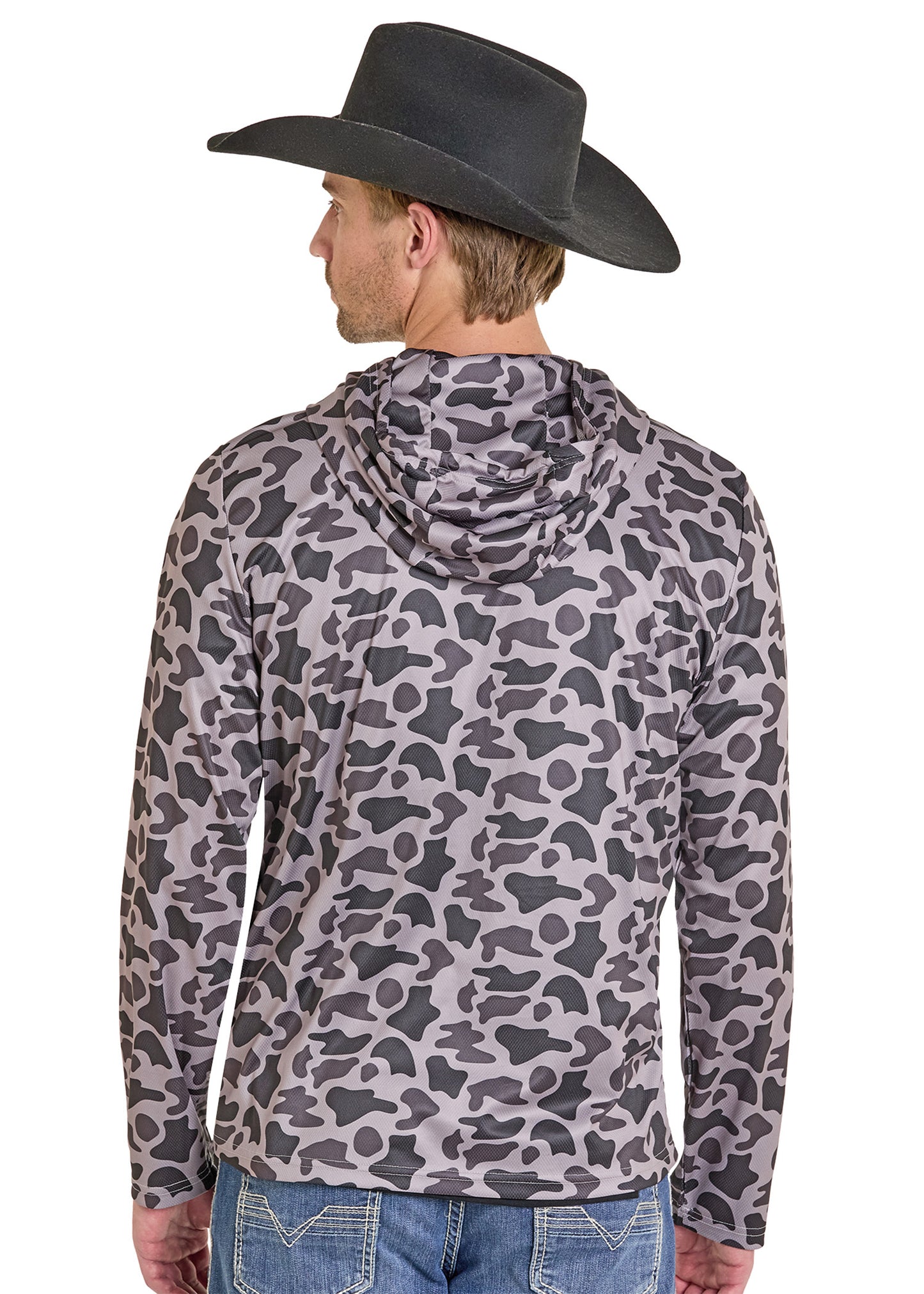 Person wearing a camouflage hoodie and cowboy hat on a white background