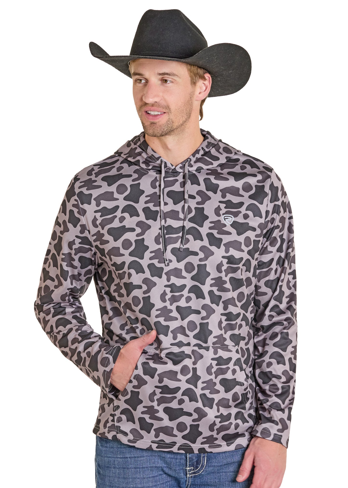 Man wearing a camouflage hoodie and cowboy hat on a white background