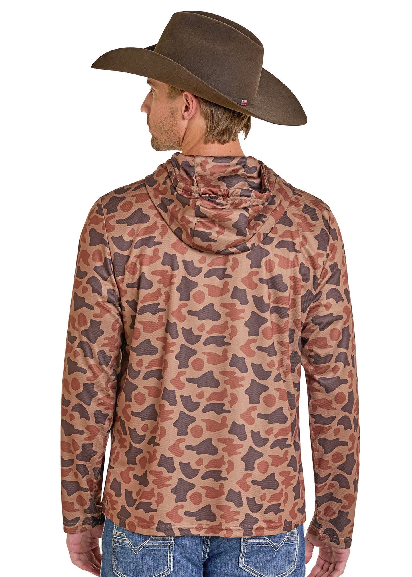 Man wearing a camouflage jacket and cowboy hat on a white background