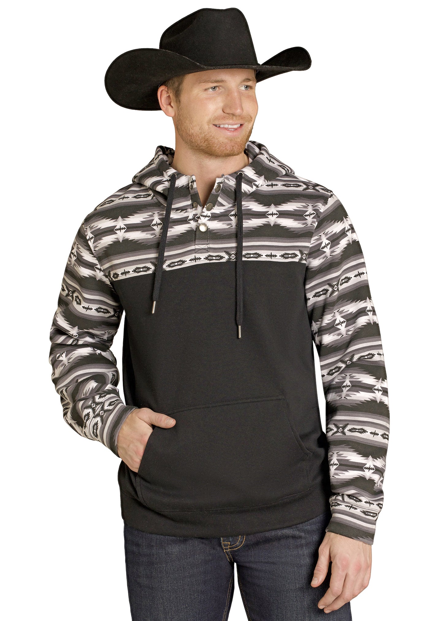Man wearing a black hoodie with patterned sleeves and a cowboy hat on a white background