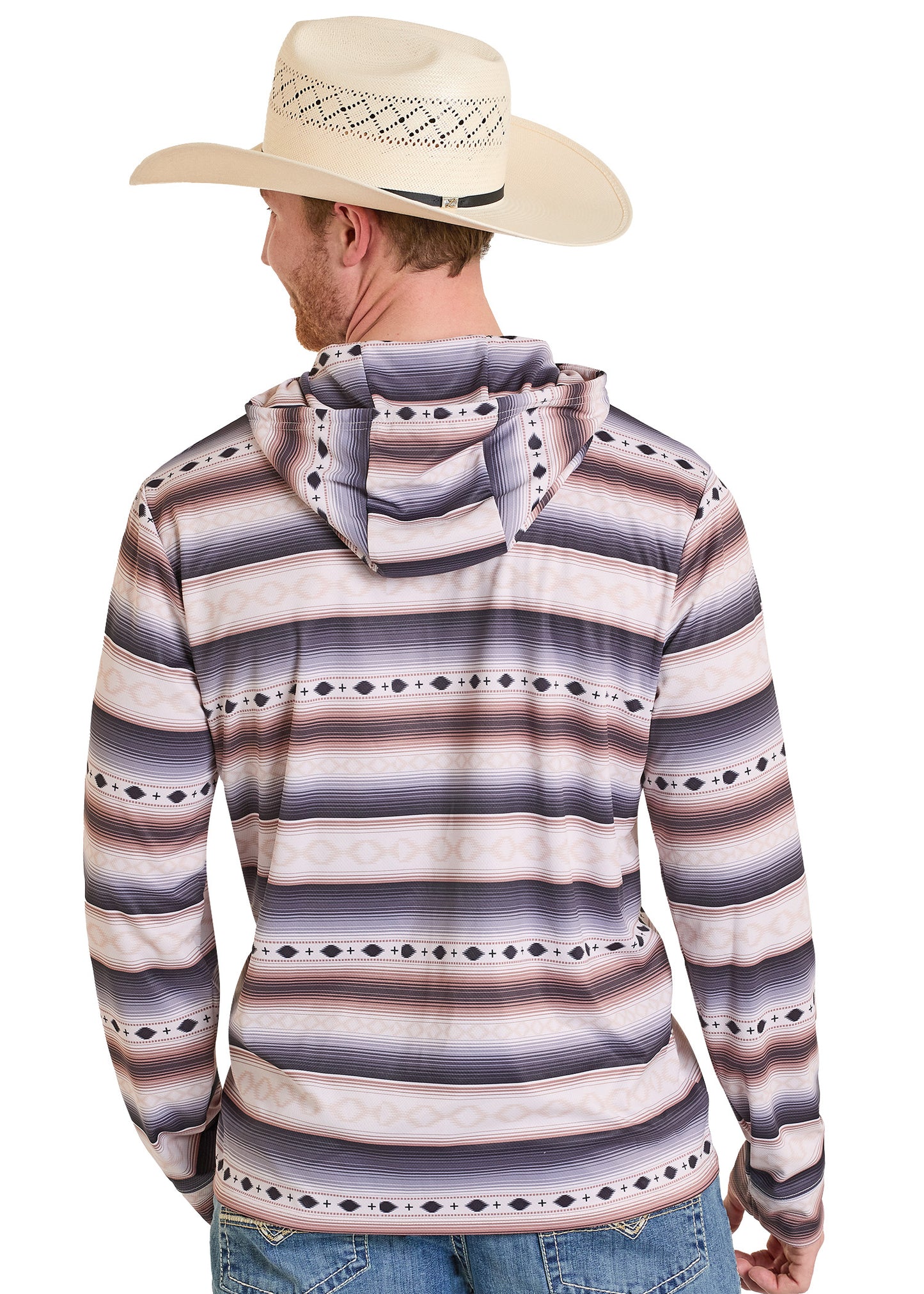 Man wearing a striped hoodie with decorative elements and a cowboy hat on a white background
