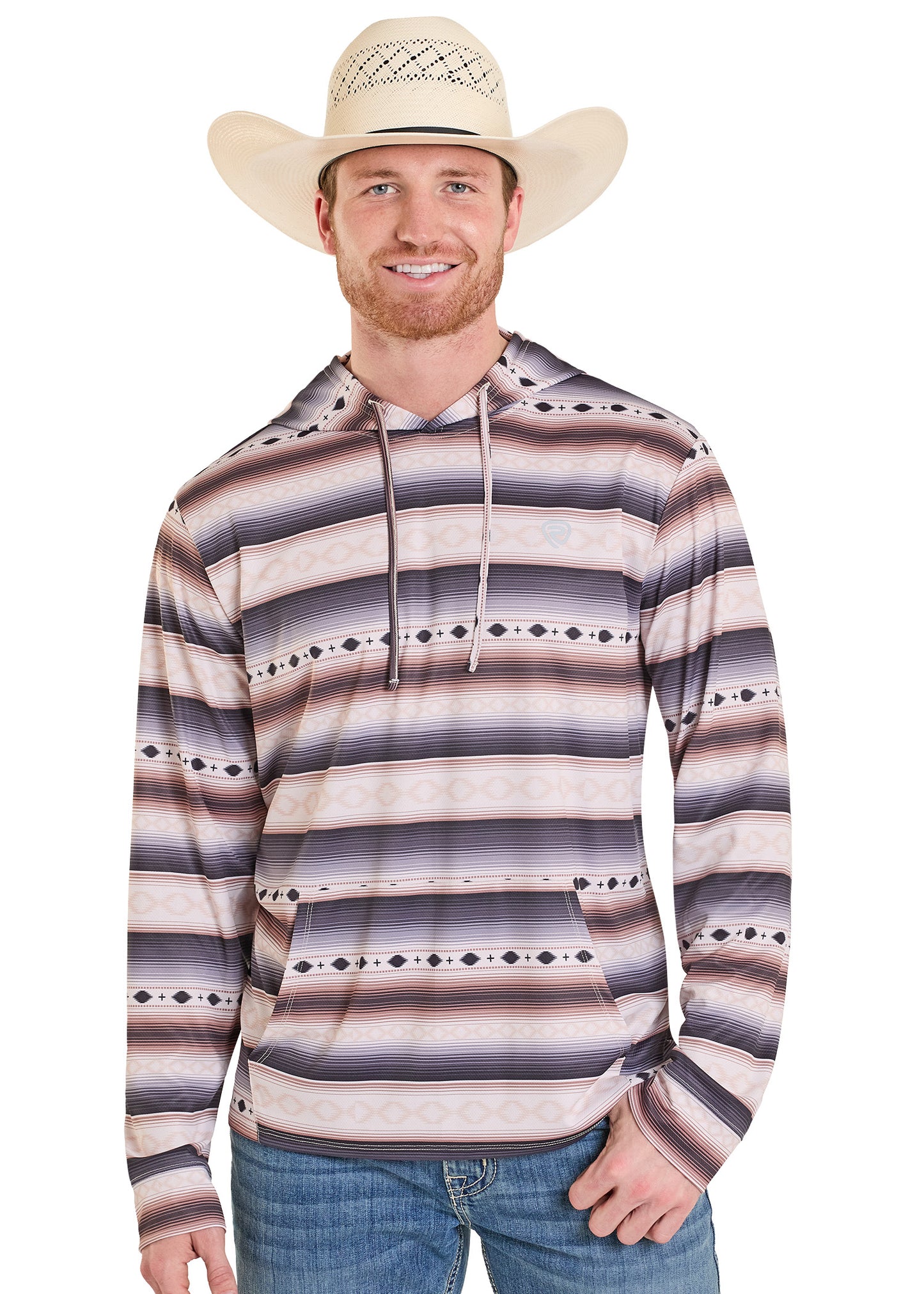 Man wearing a striped hoodie and cowboy hat on a white background