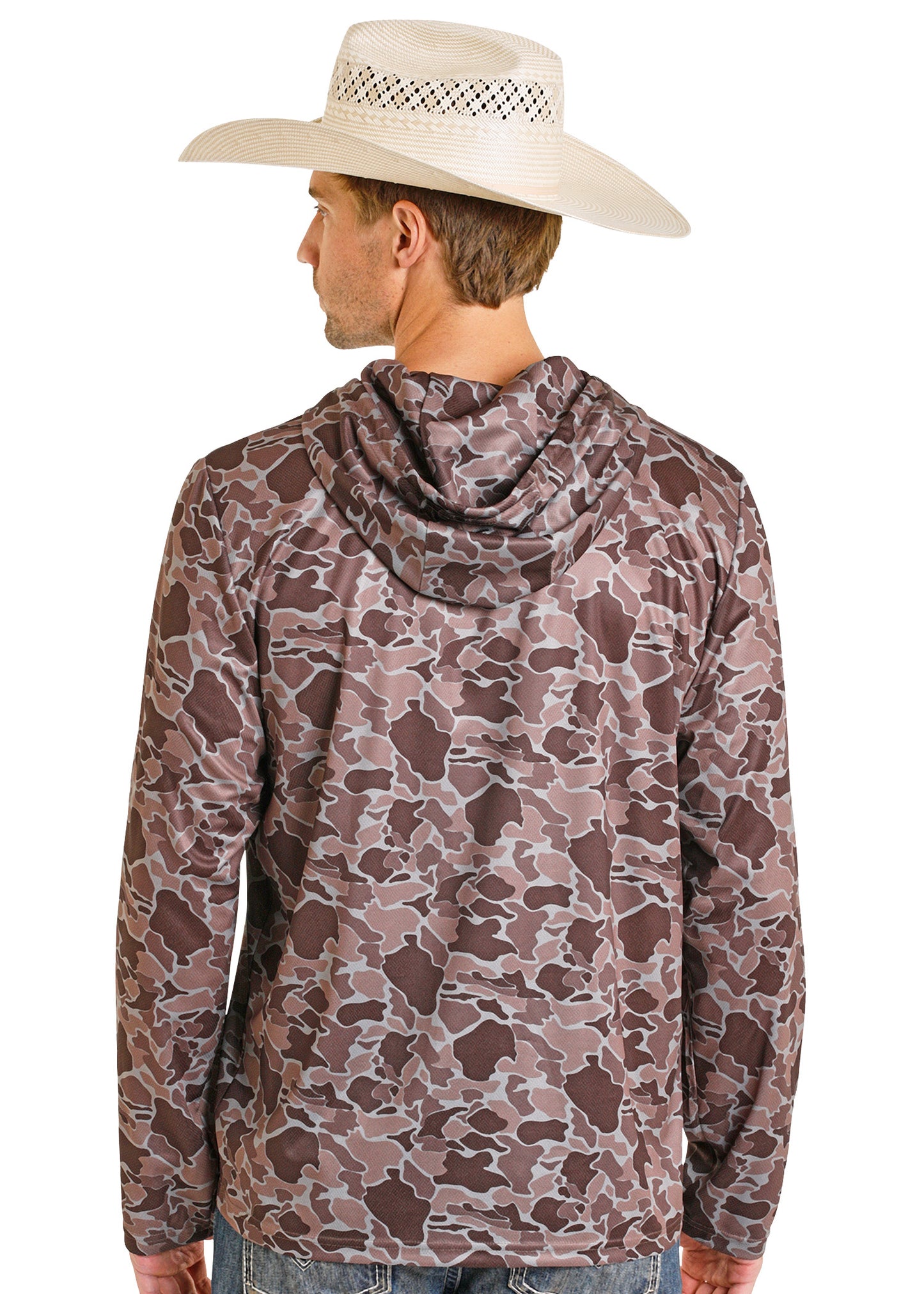 Man wearing a camouflage-patterned jacket and cowboy hat on a white background