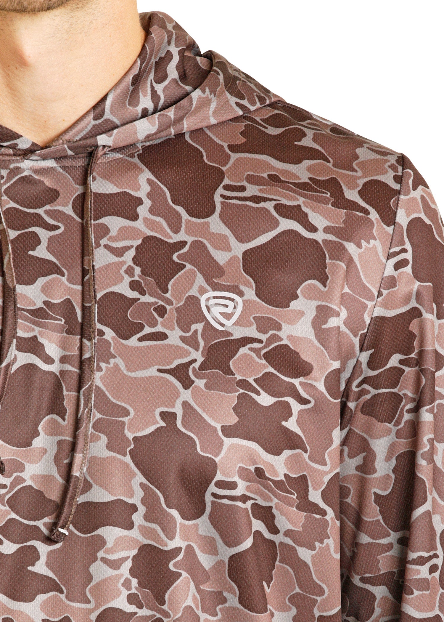 Camouflage-patterned hoodie with a brand logo on a white background