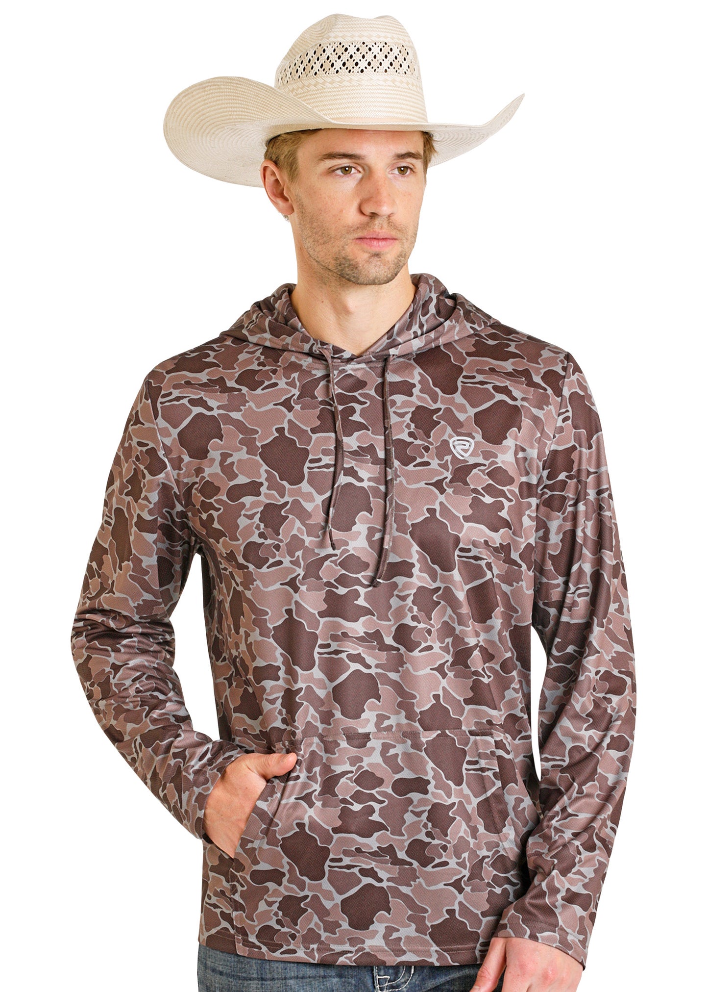 Man wearing a camouflage hoodie and cowboy hat on a white background