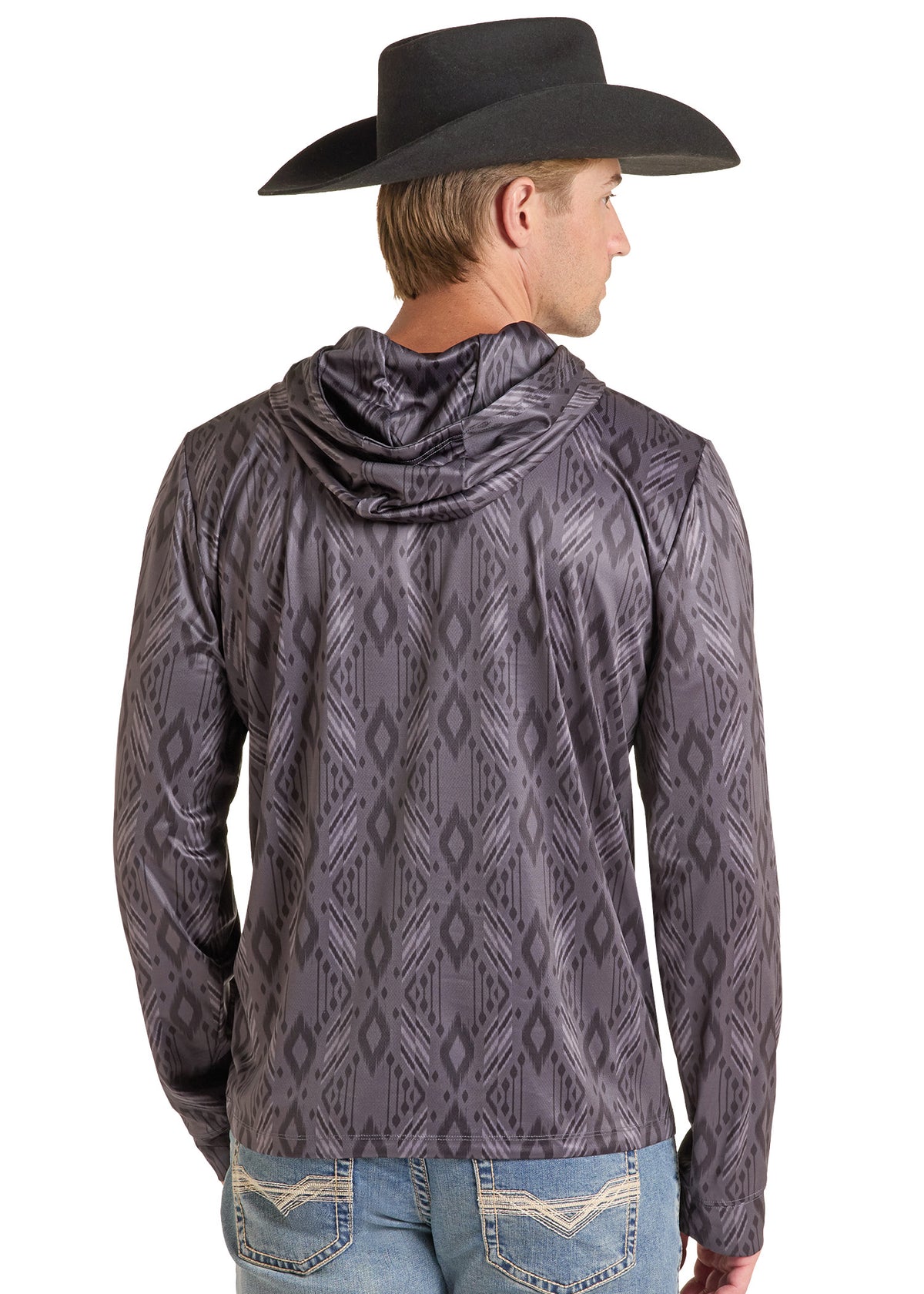 A man wearing a black cowboy hat, a dark gray patterned hooded long-sleeve shirt, and blue jeans, shown from the back against a white background.