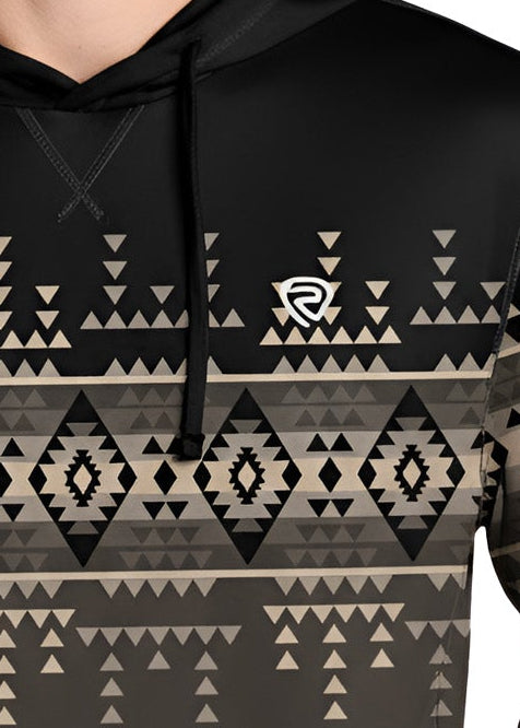 A black pullover hoodie with a beige and brown geometric Fair Isle pattern across the chest and sleeves.