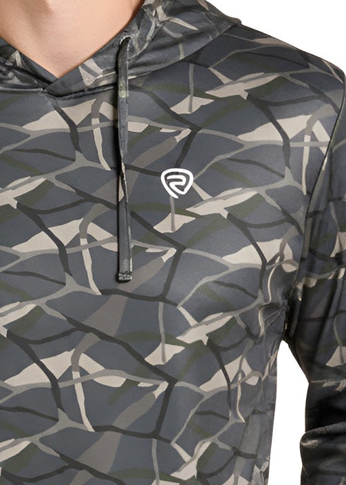 A detail image of a dark gray camouflage-patterned hoodie with a drawstring hood 
