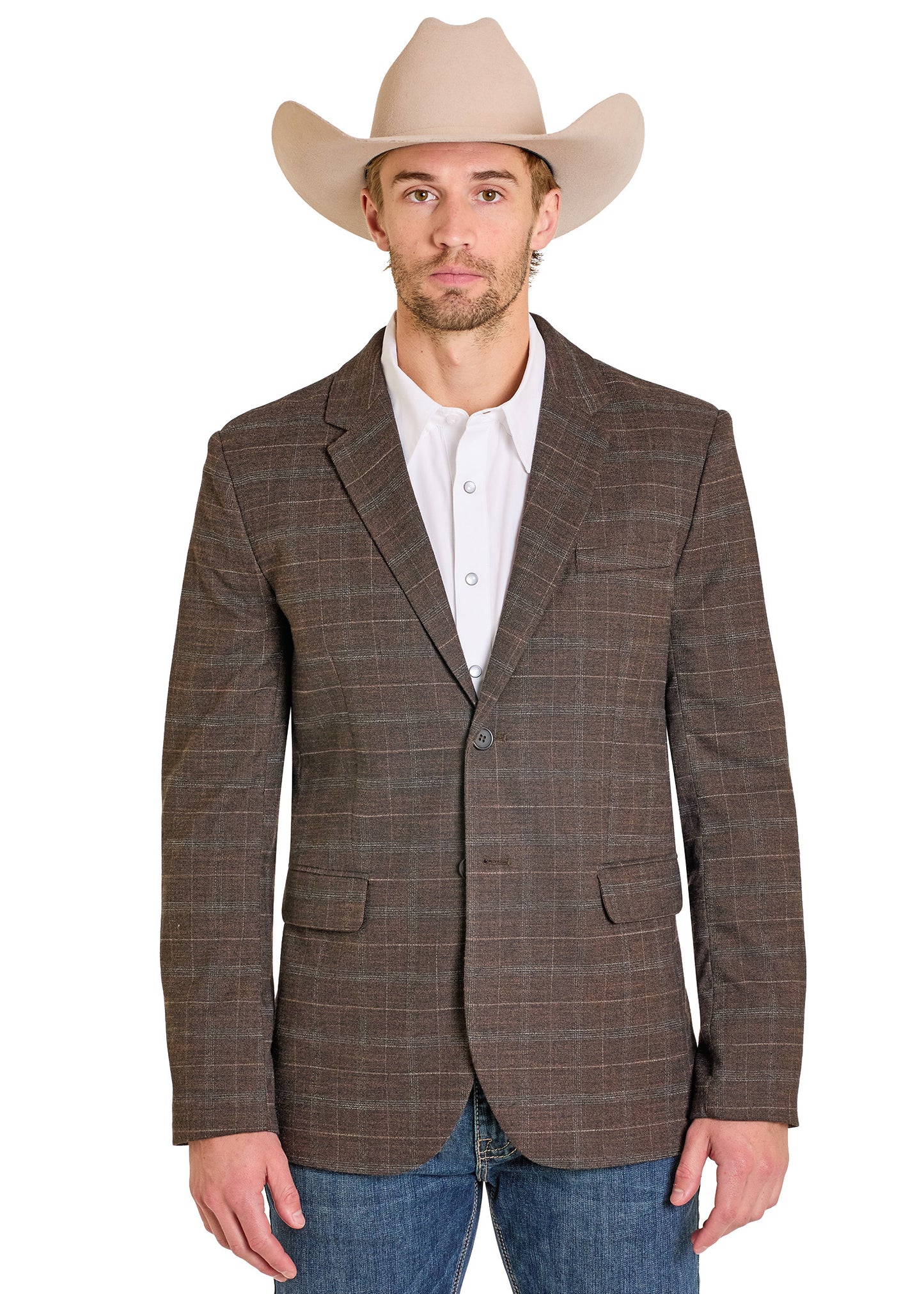 Man wearing a brown checkered blazer, white shirt, and beige cowboy hat on a white background