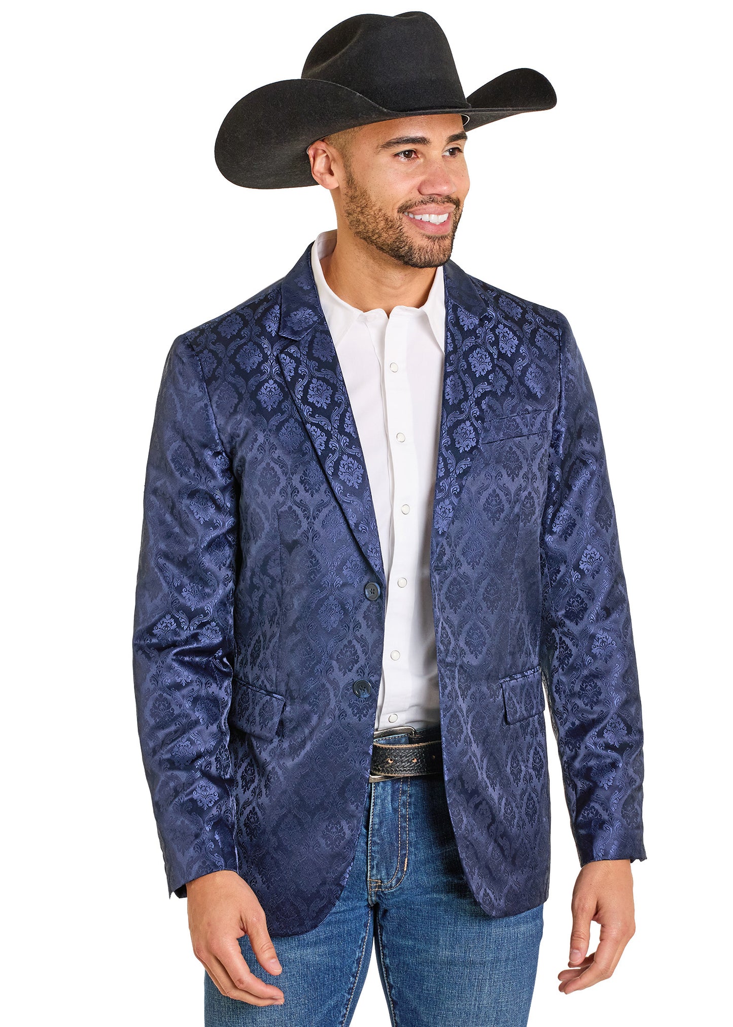 Man wearing a blue patterned jacket, white shirt, jeans, and black cowboy hat on a white background