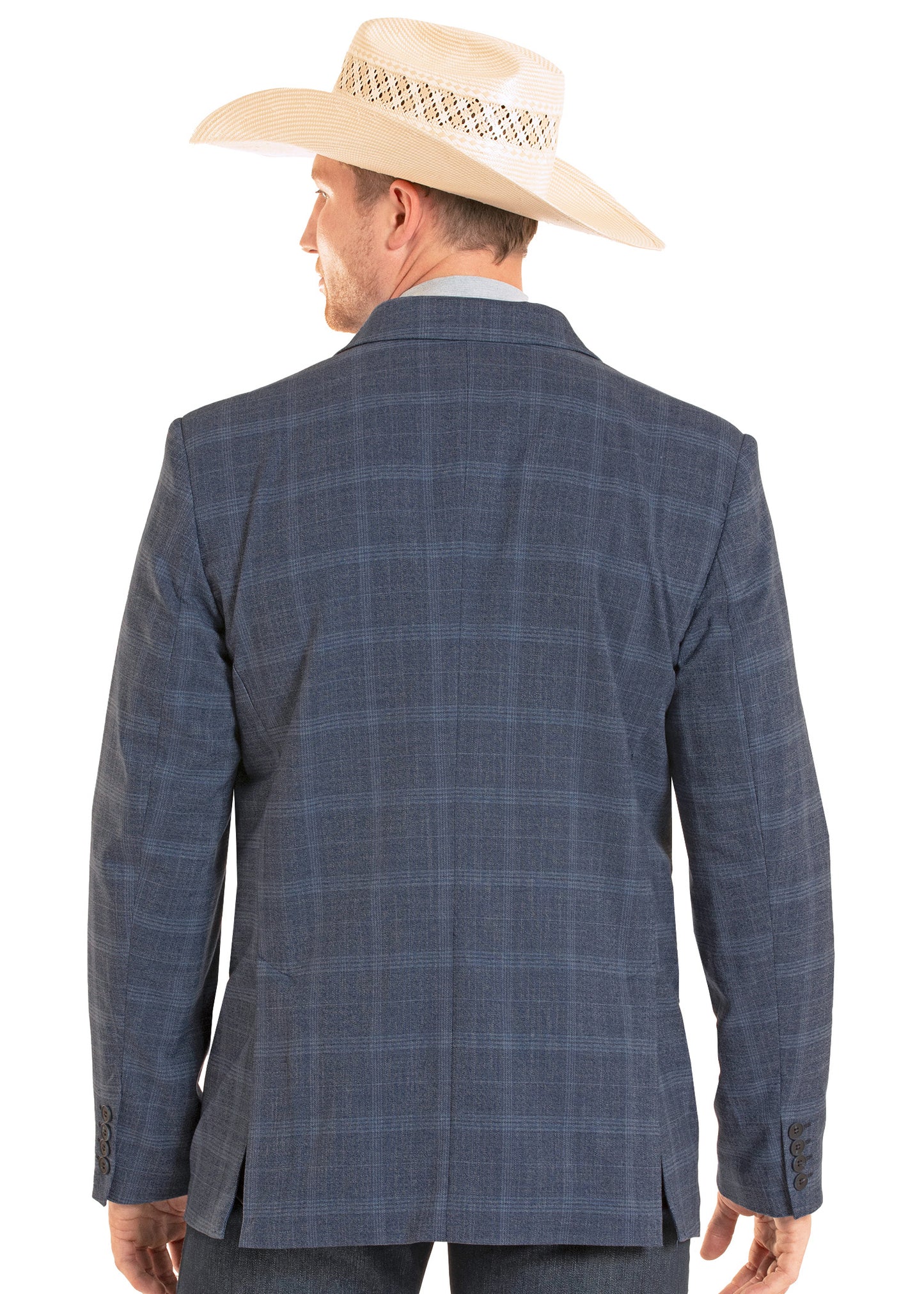 Man wearing a blue checkered jacket and a cowboy hat on a white background