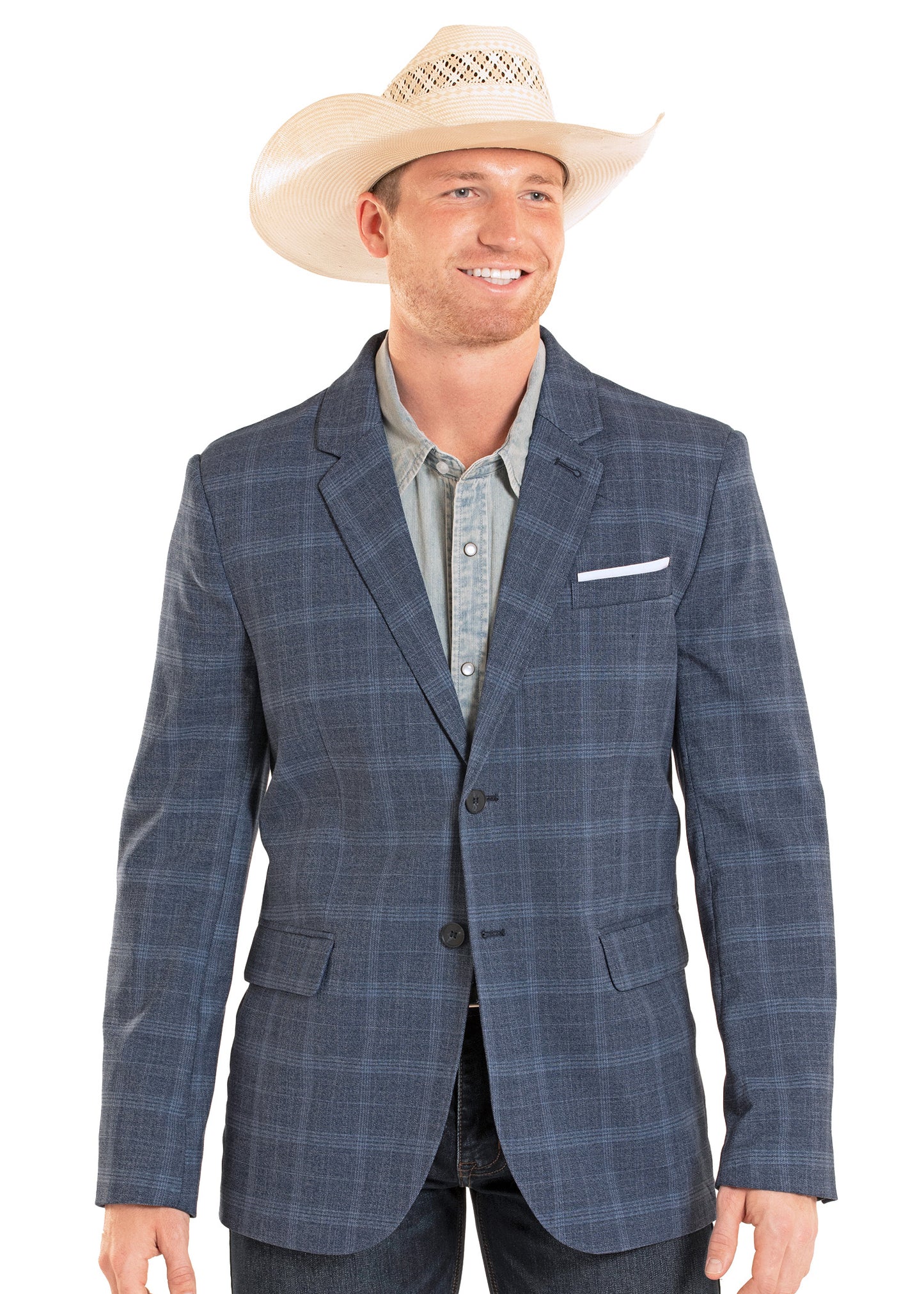 Man wearing a blue checkered blazer and straw hat on a white background