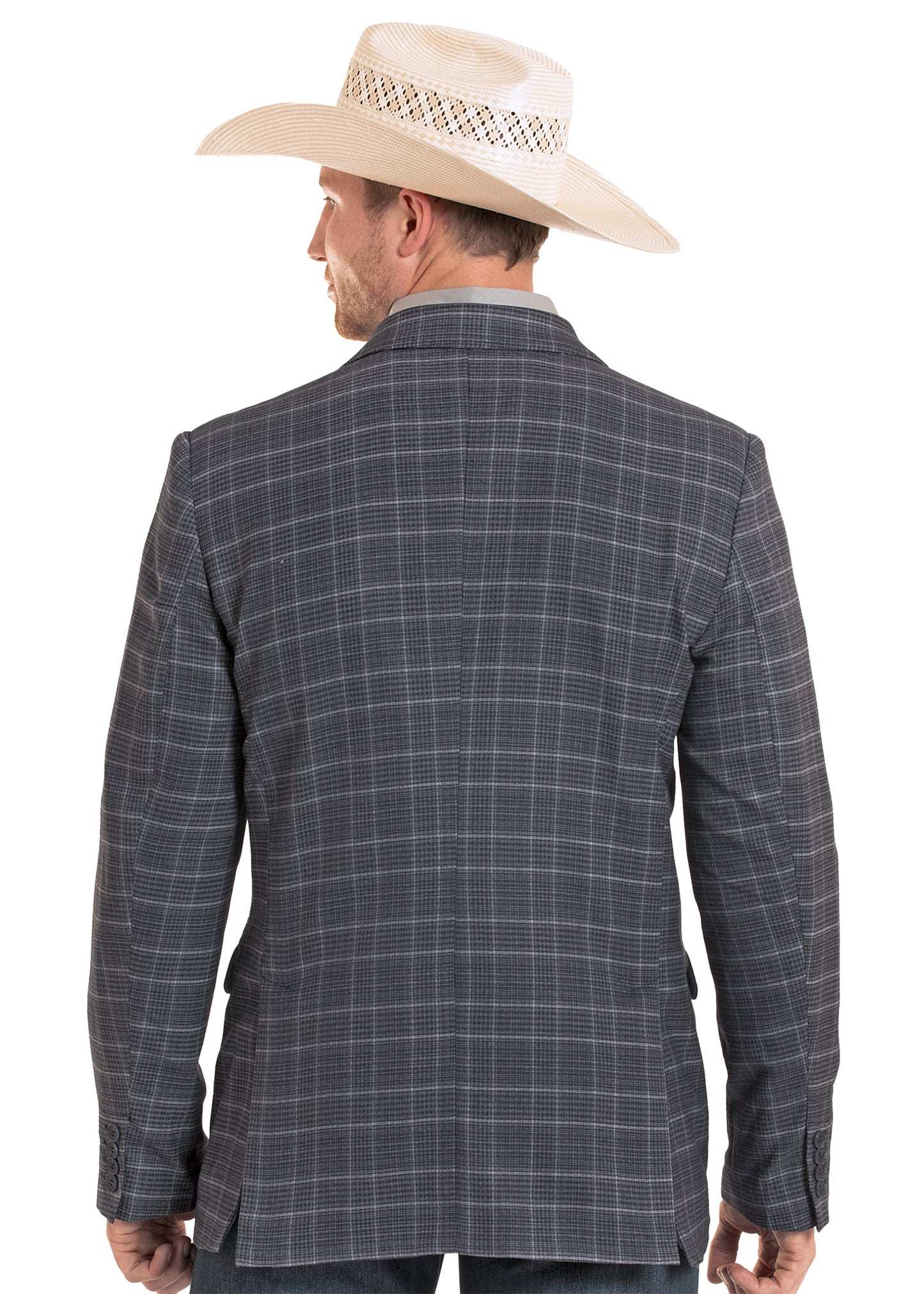 Man wearing a gray checkered jacket and cowboy hat on a white background