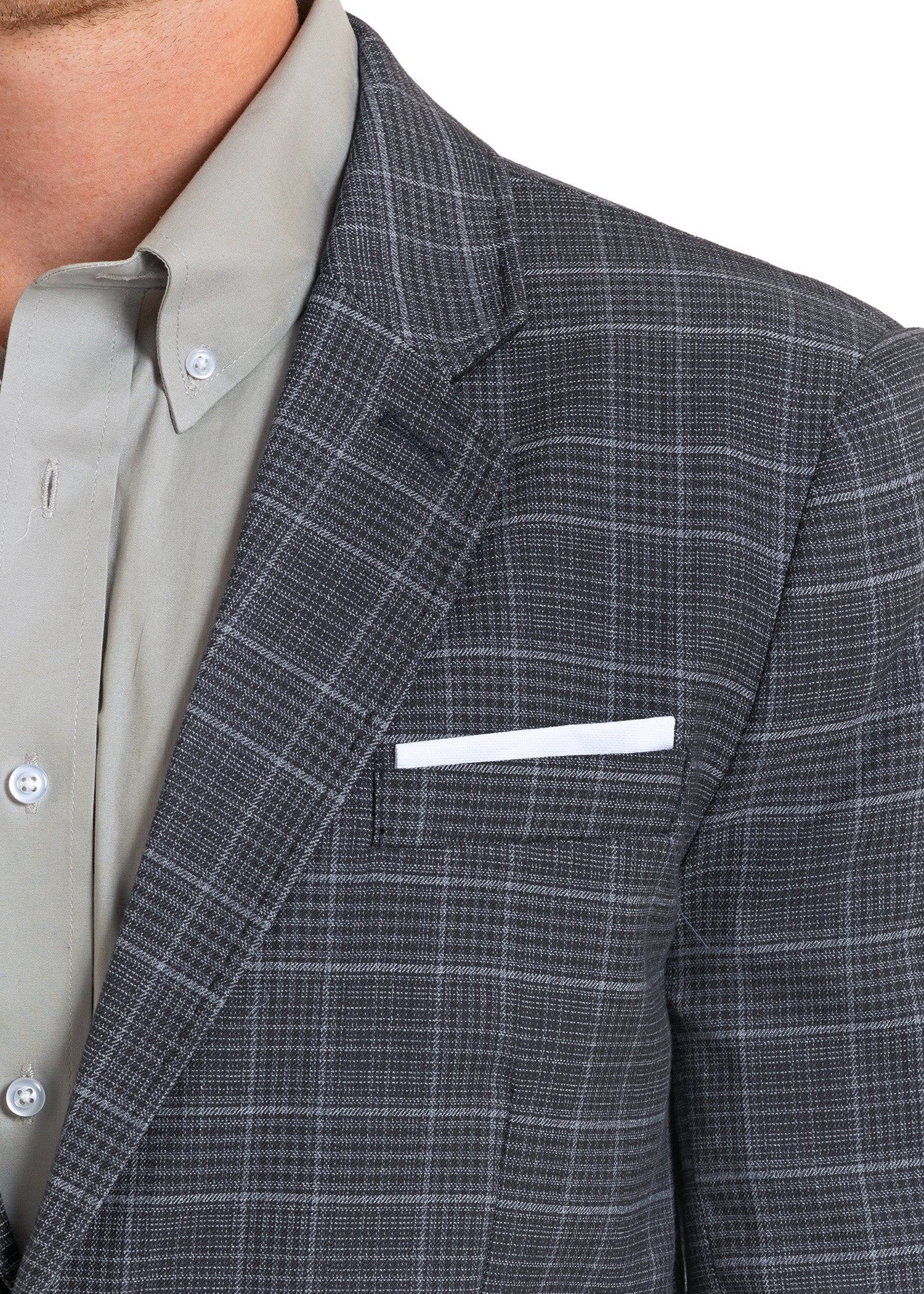 Gray checkered blazer with a pocket square worn over a light gray shirt.