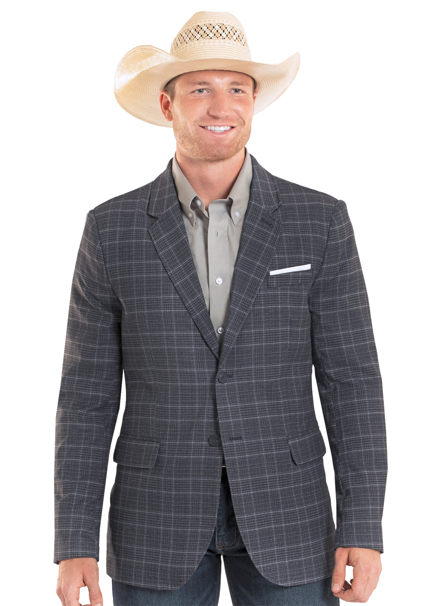 Man wearing a gray checkered blazer, light shirt, and cowboy hat on a white background