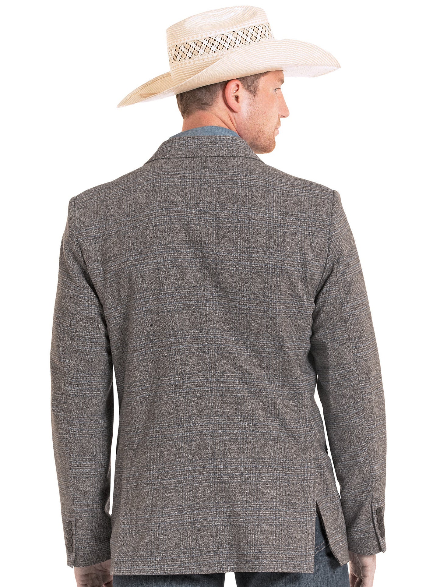 Man wearing a gray checkered jacket and white cowboy hat on a white background