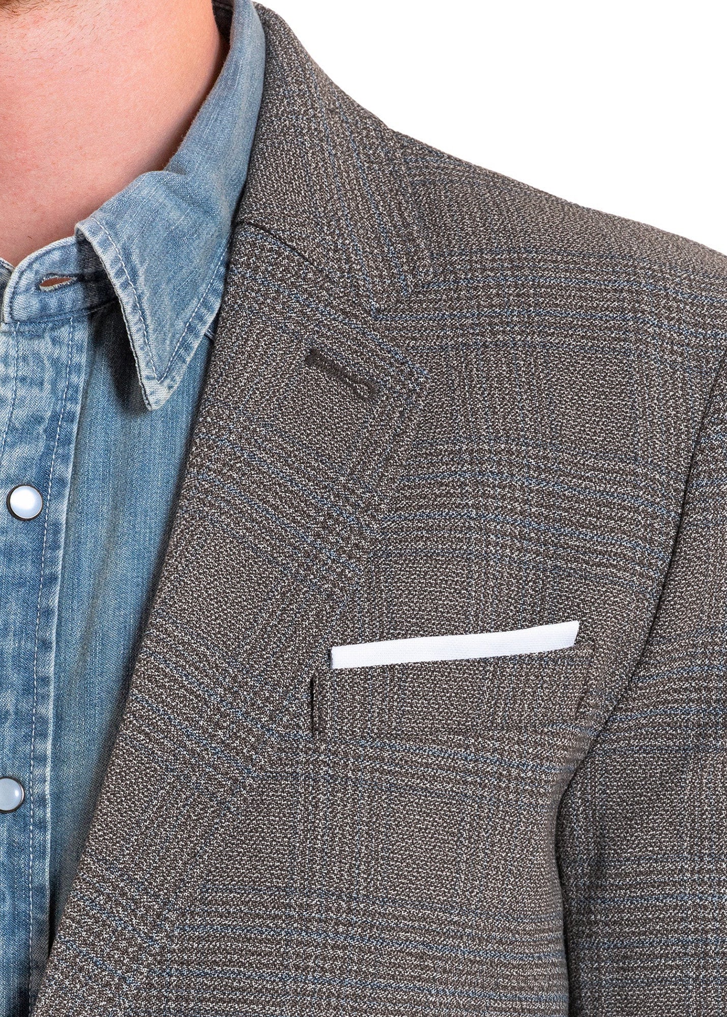 Gray textured blazer over a blue shirt on a white background