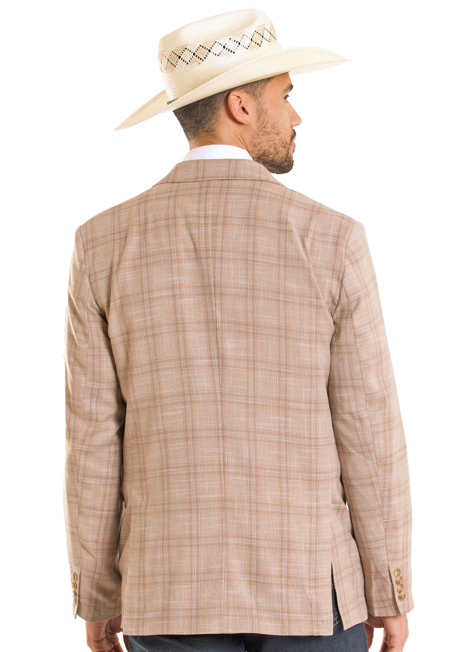 Man wearing a beige plaid jacket and a straw hat on a white background