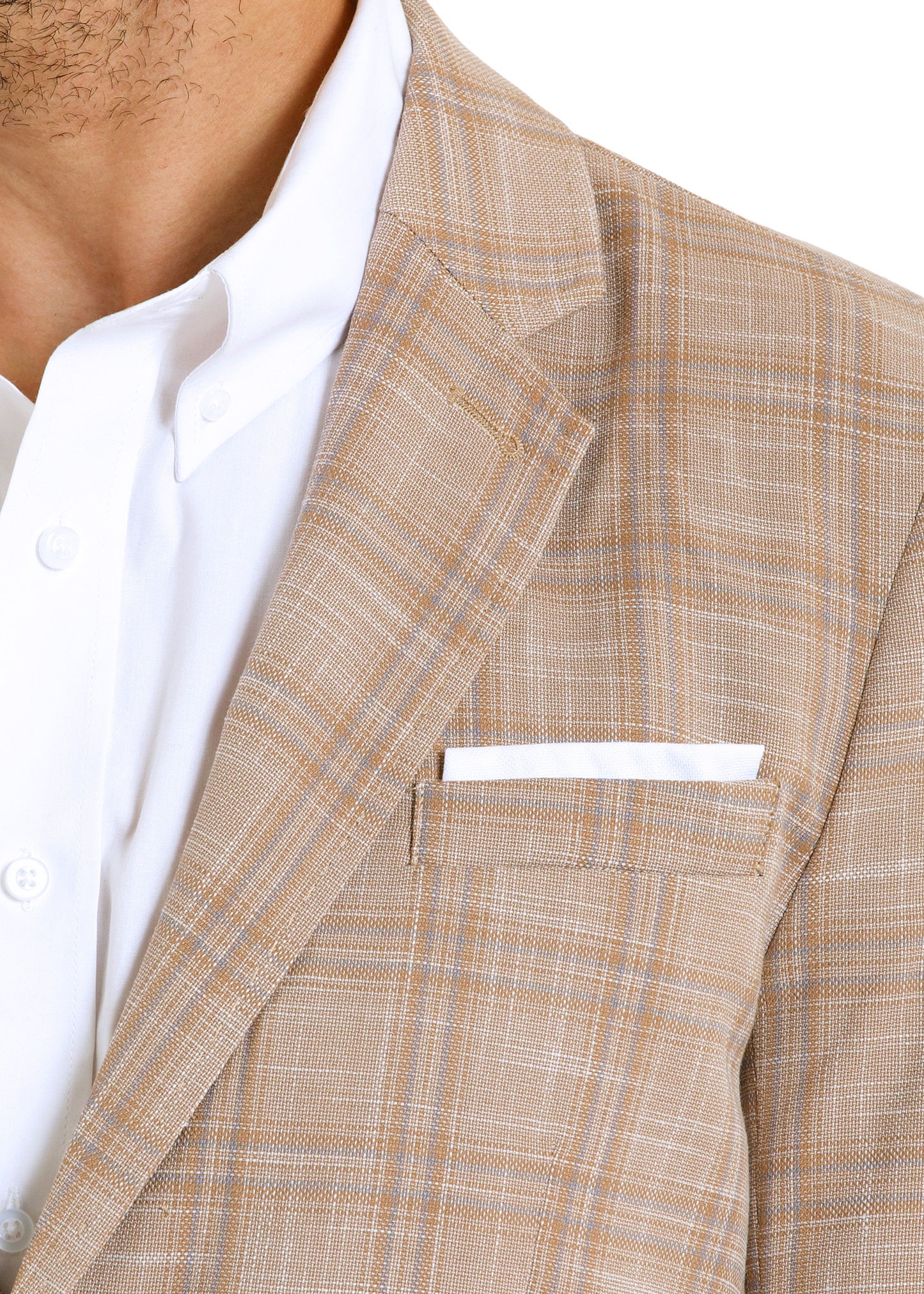 Close-up of a beige checkered blazer with a white shirt underneath