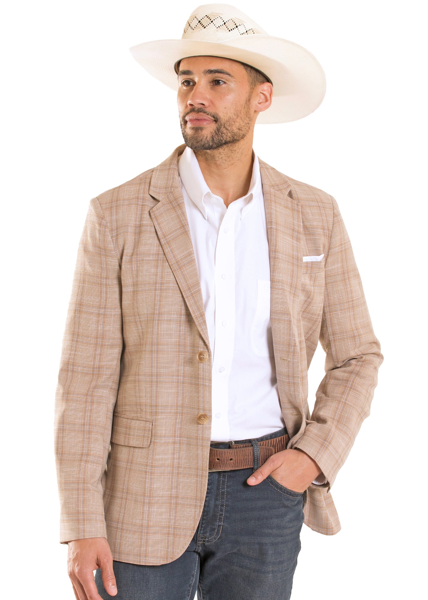 Man wearing a beige checkered blazer, white shirt, jeans, and a straw hat on a white background