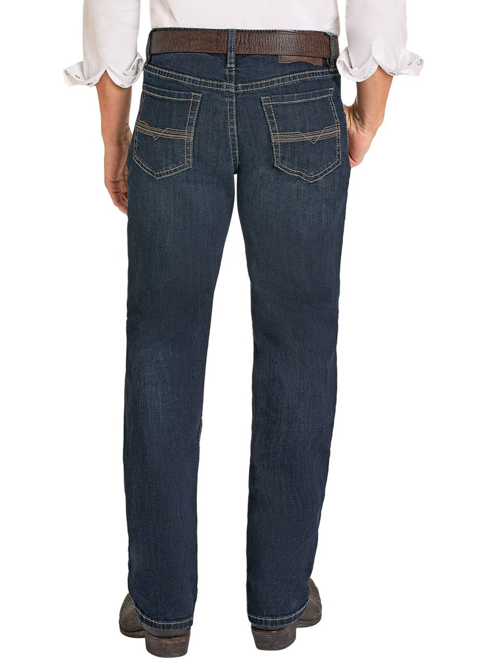 Man wearing a white shirt, dark blue jeans, and a brown hat on a white background