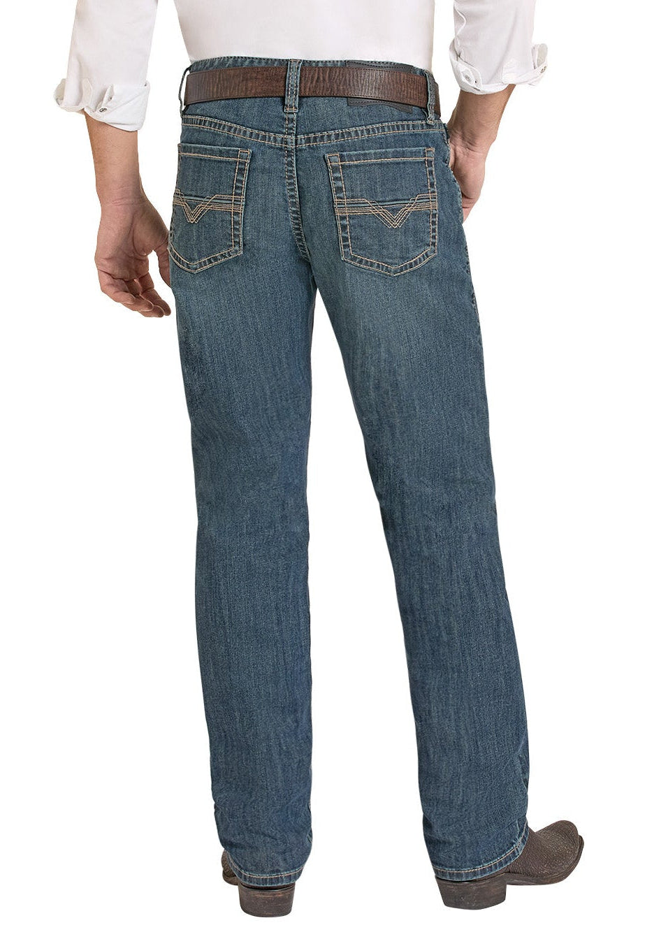 Man wearing a white shirt, blue jeans, and a straw hat on a white background