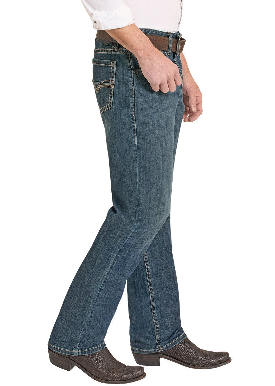 Man wearing a white shirt, blue jeans, and a cowboy hat on a white background