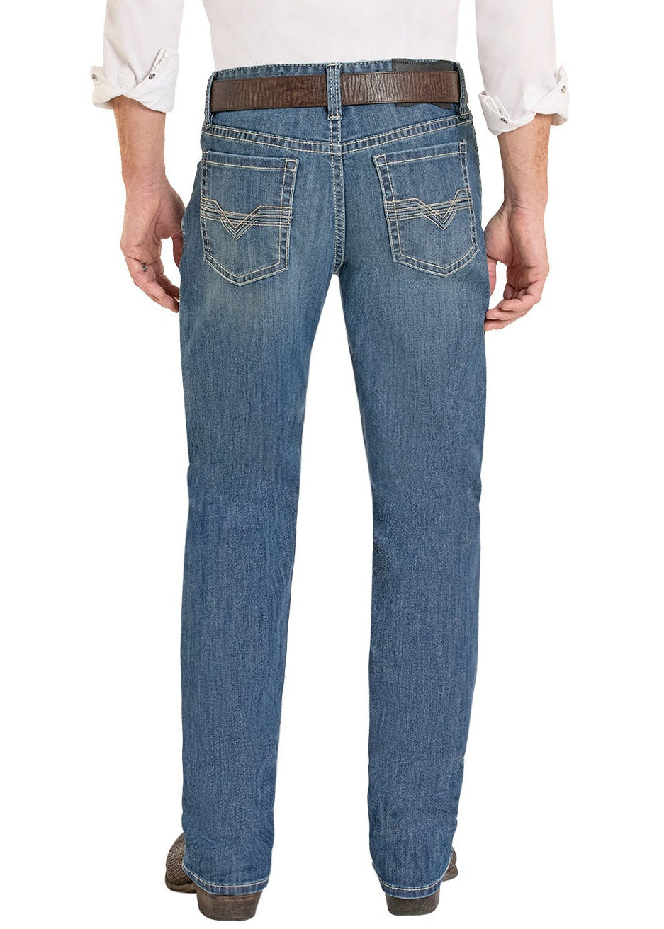 Man wearing a white shirt, blue jeans, and a cowboy hat on a white background