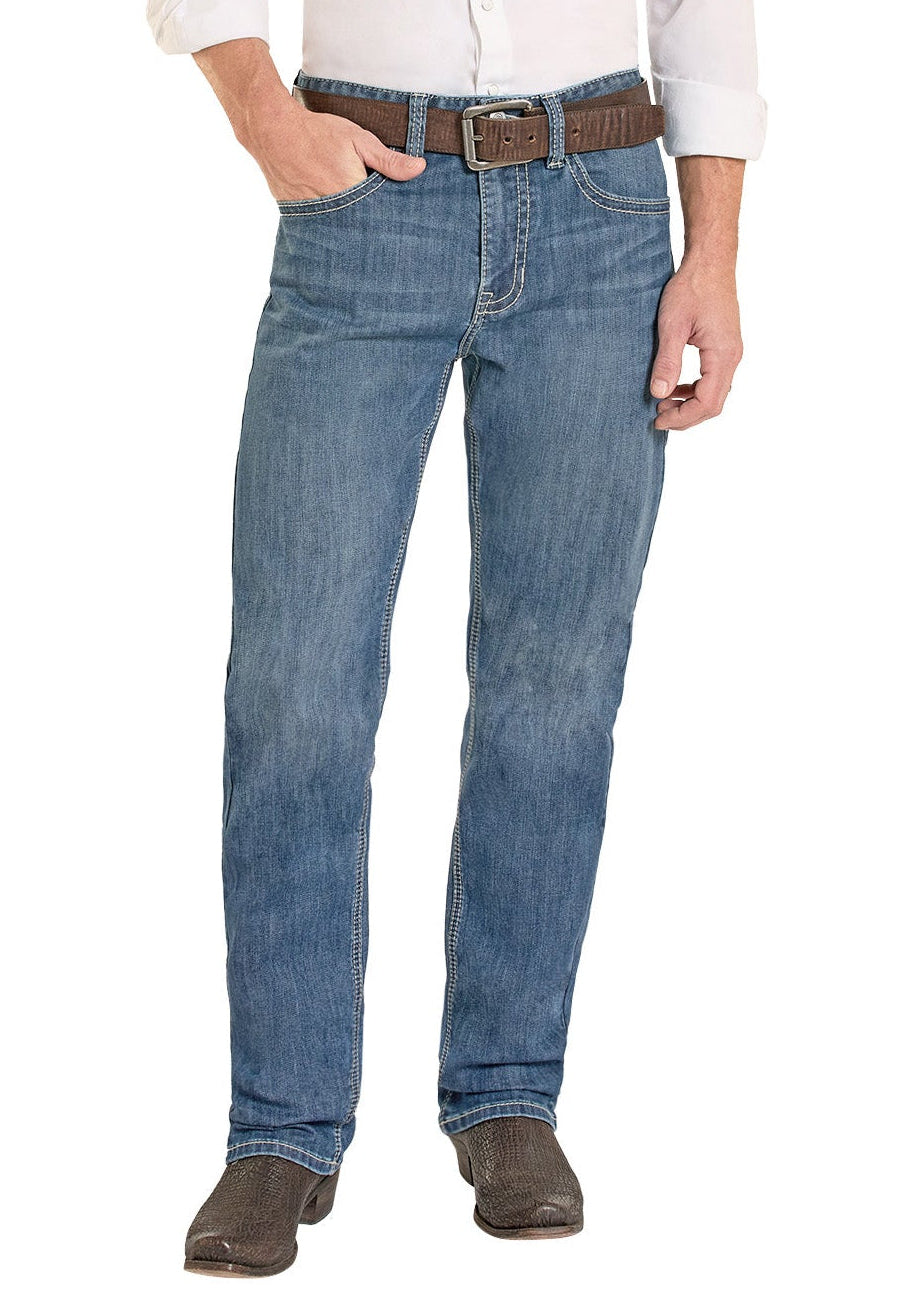 Man wearing a white shirt, blue jeans, and a straw hat on a white background