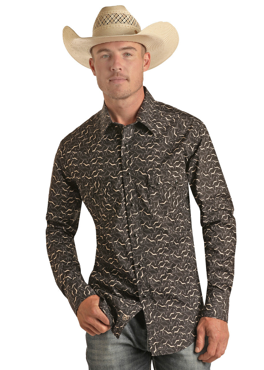 Longhorn Print Long Sleeve Snap Shirt