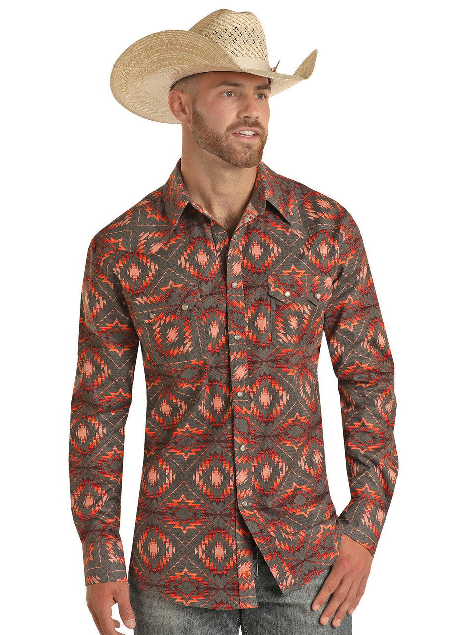 Grey Aztec Long Sleeve Snap Shirt