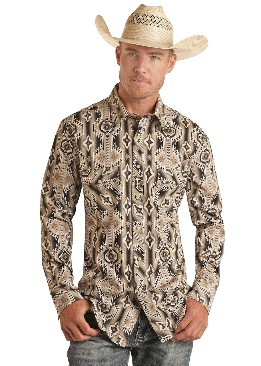 Tan Aztec Long Sleeve Snap Shirt