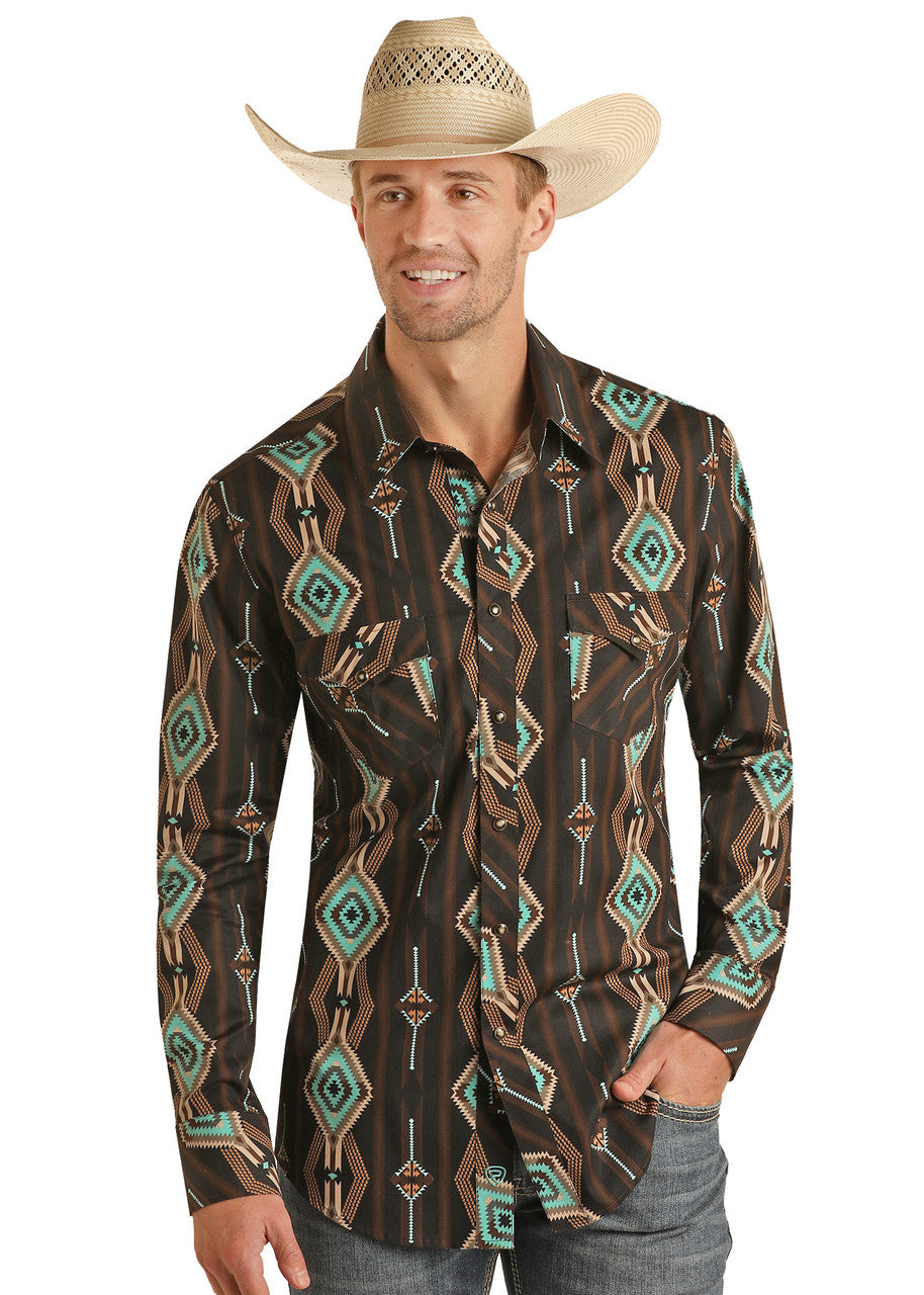 Diamond Aztec Print Long Sleeve Snap Shirt