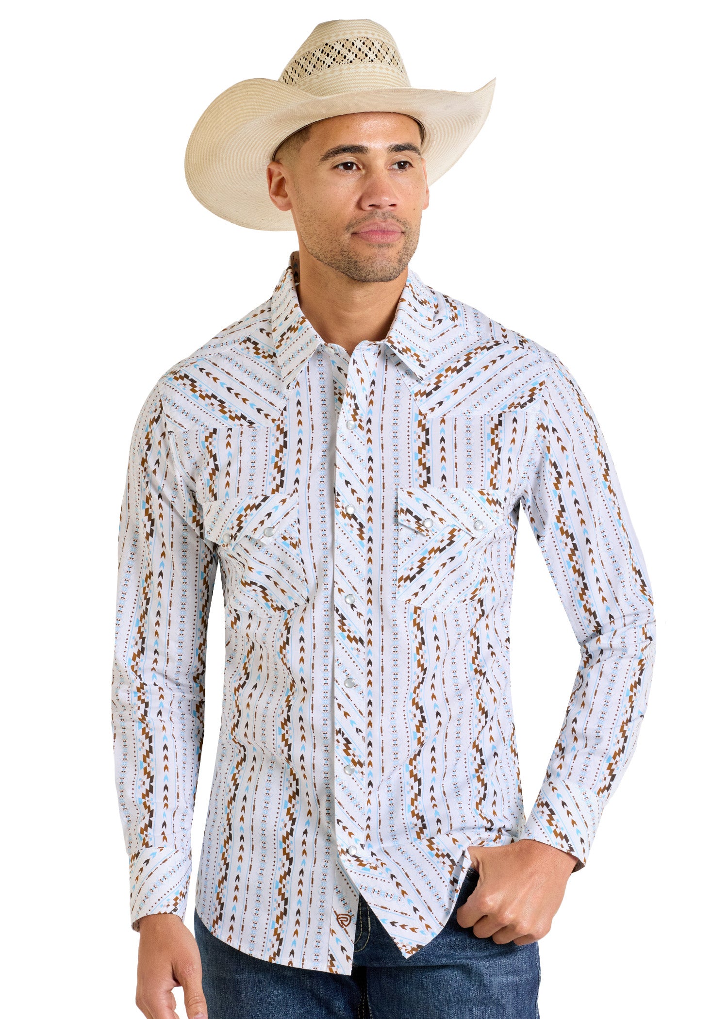 【MORE THAN BLACK】25SS★ CUT OFF SNAP LONG SLEEVE Men's Slim Fit Digital Aztec Long Sleeve Snap Shirt | Rock