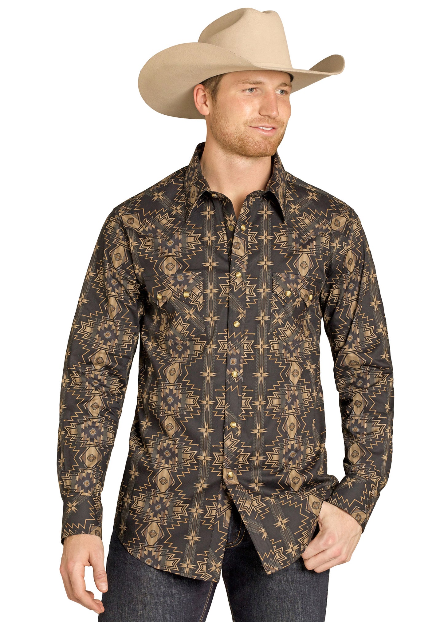 Man wearing a patterned shirt and cowboy hat on a white background