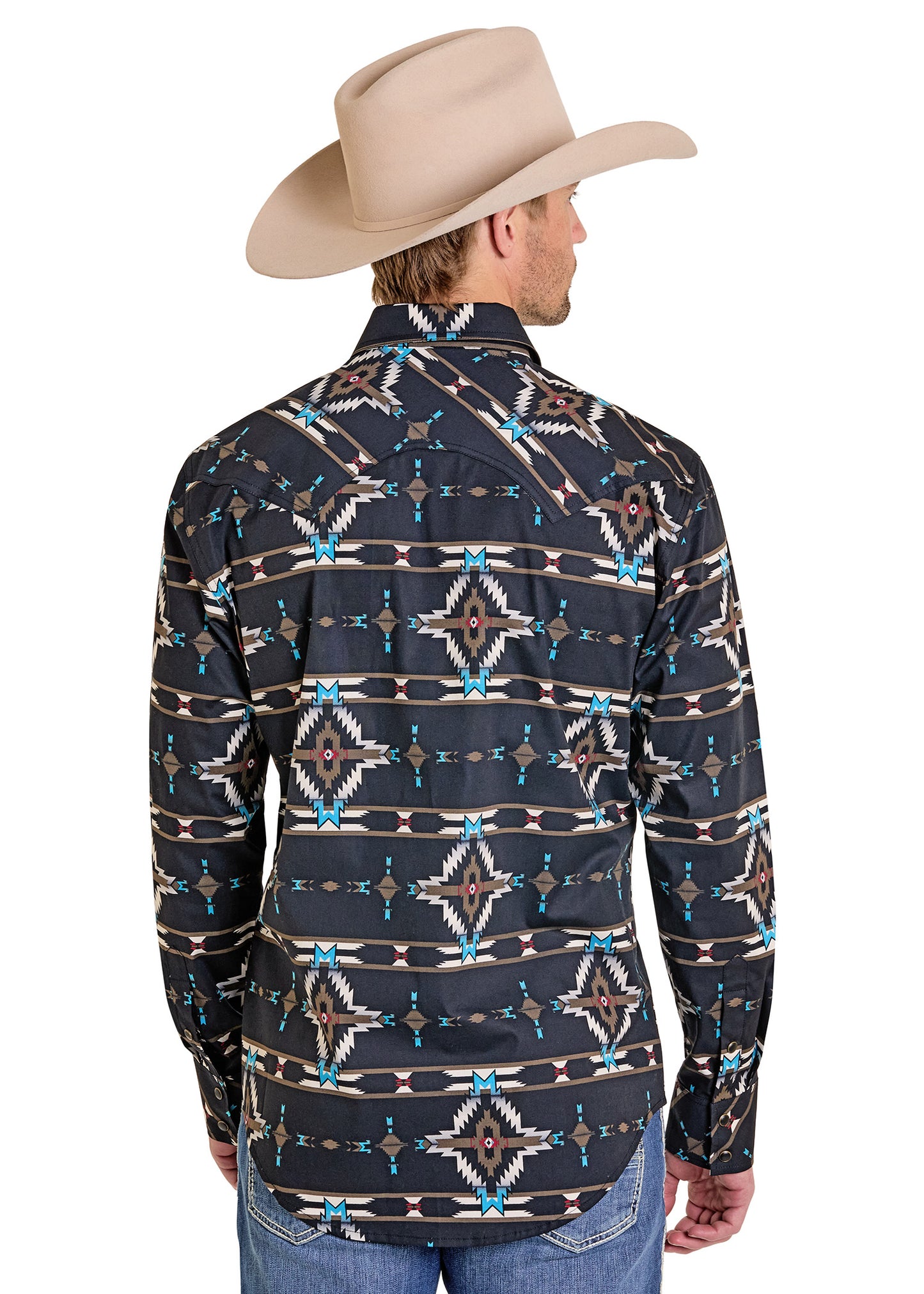 Man wearing a patterned long-sleeve shirt and cowboy hat on a white background